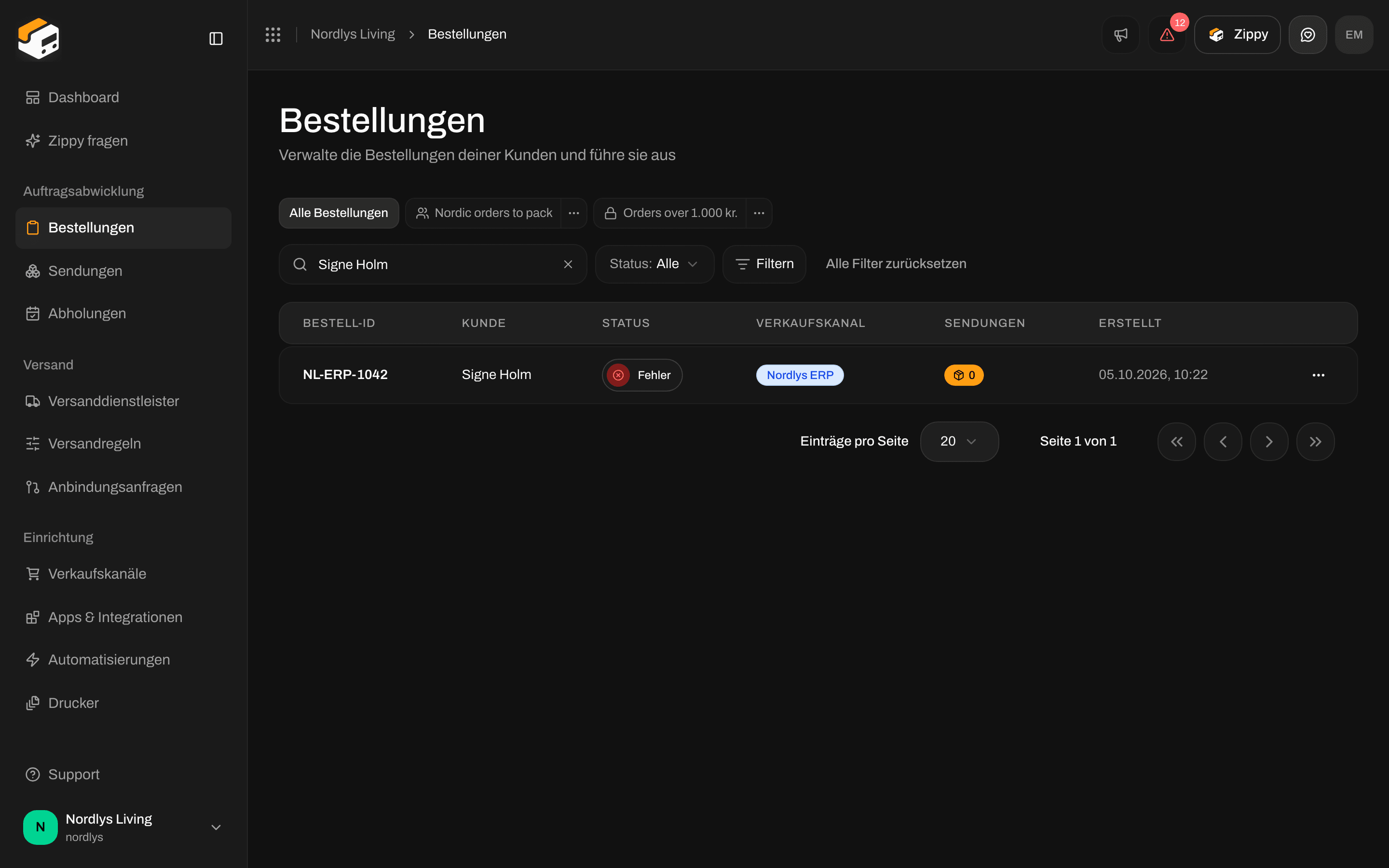 Liste der Bestellungen mit einer Bestellung, die über einen eigenen Kanal eingegangen ist