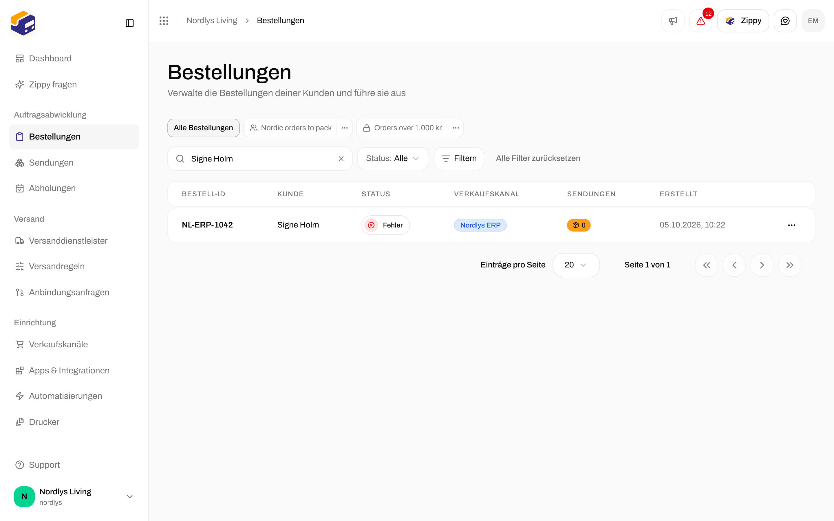 Liste der Bestellungen mit einer Bestellung, die über einen eigenen Kanal eingegangen ist