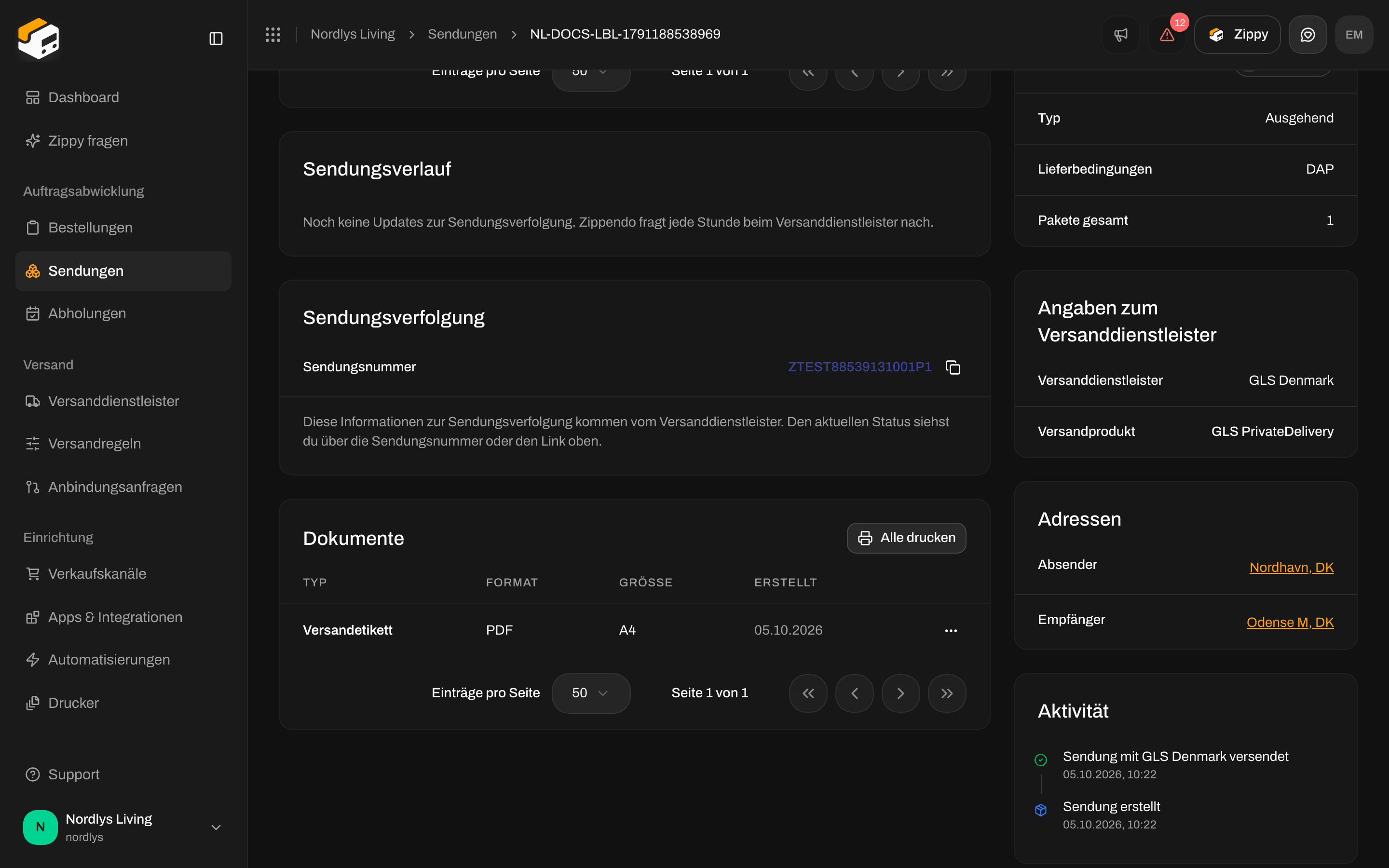 Karte Dokumente einer Sendung mit einer Zeile Versandetikett als PDF und Alle drucken