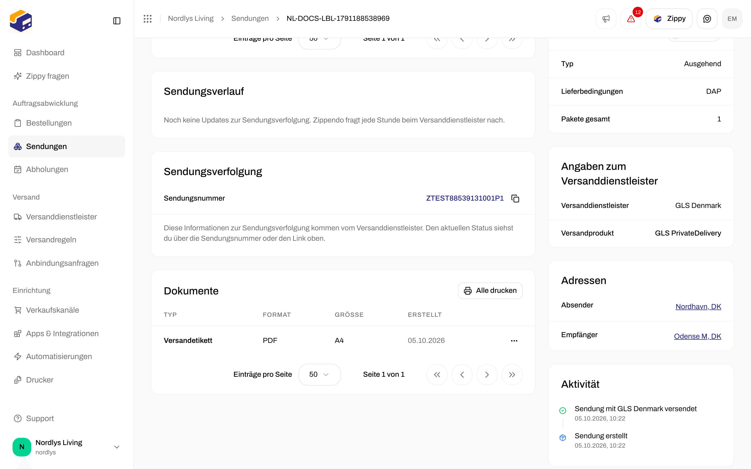 Karte Dokumente einer Sendung mit einer Zeile Versandetikett als PDF und Alle drucken
