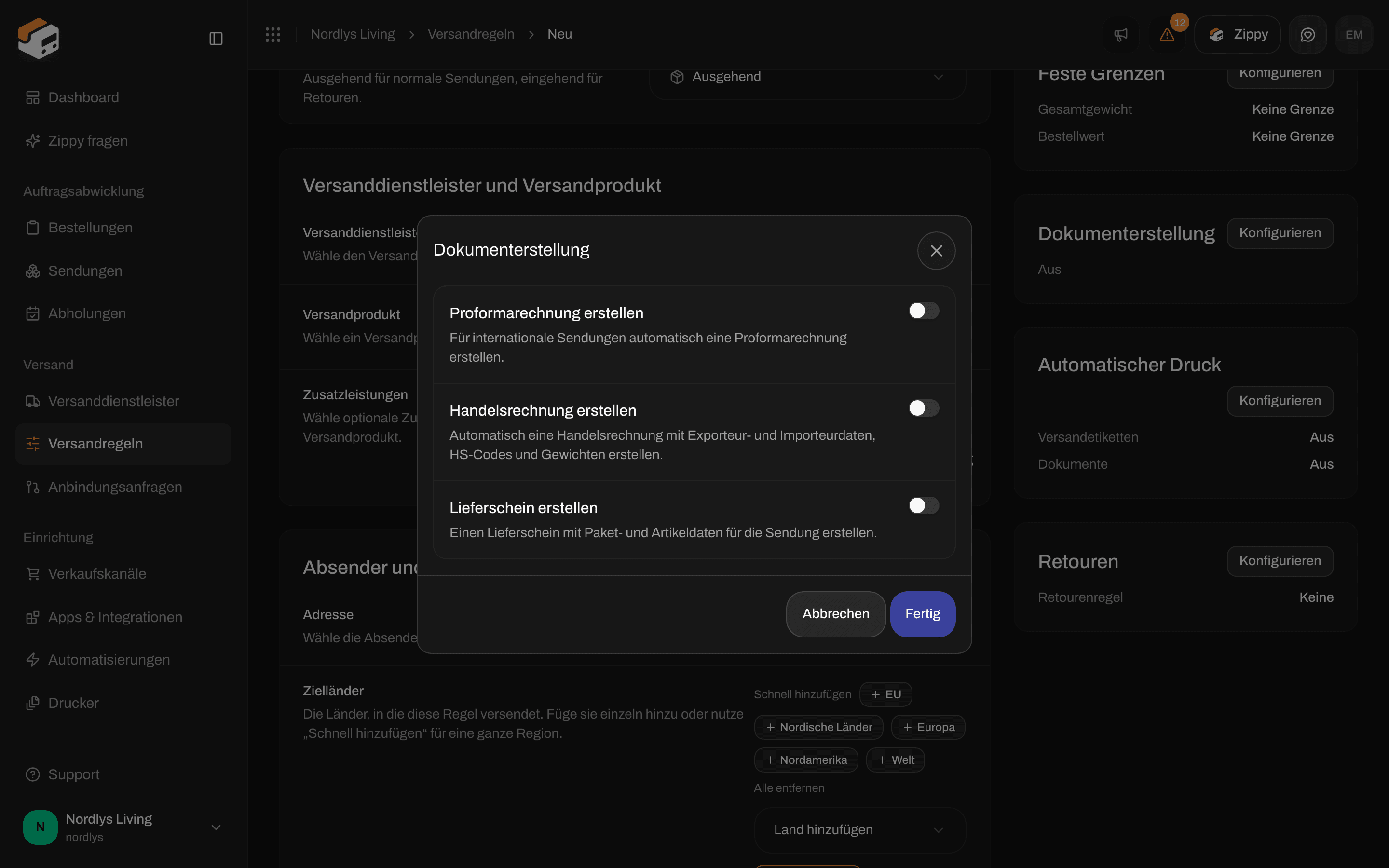 Formular der Versandregel mit den Schaltern der Dokumenterstellung für Rechnungen und den Lieferschein