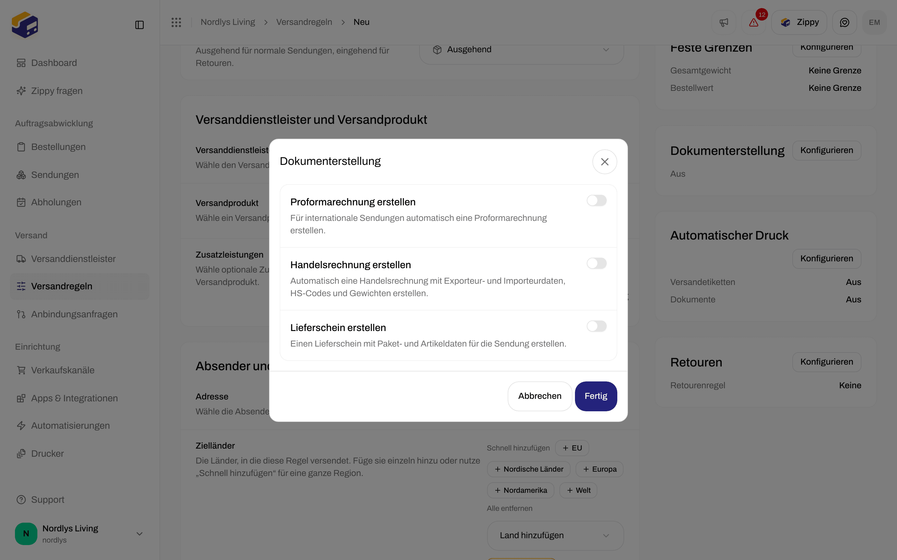 Formular der Versandregel mit den Schaltern der Dokumenterstellung für Rechnungen und den Lieferschein