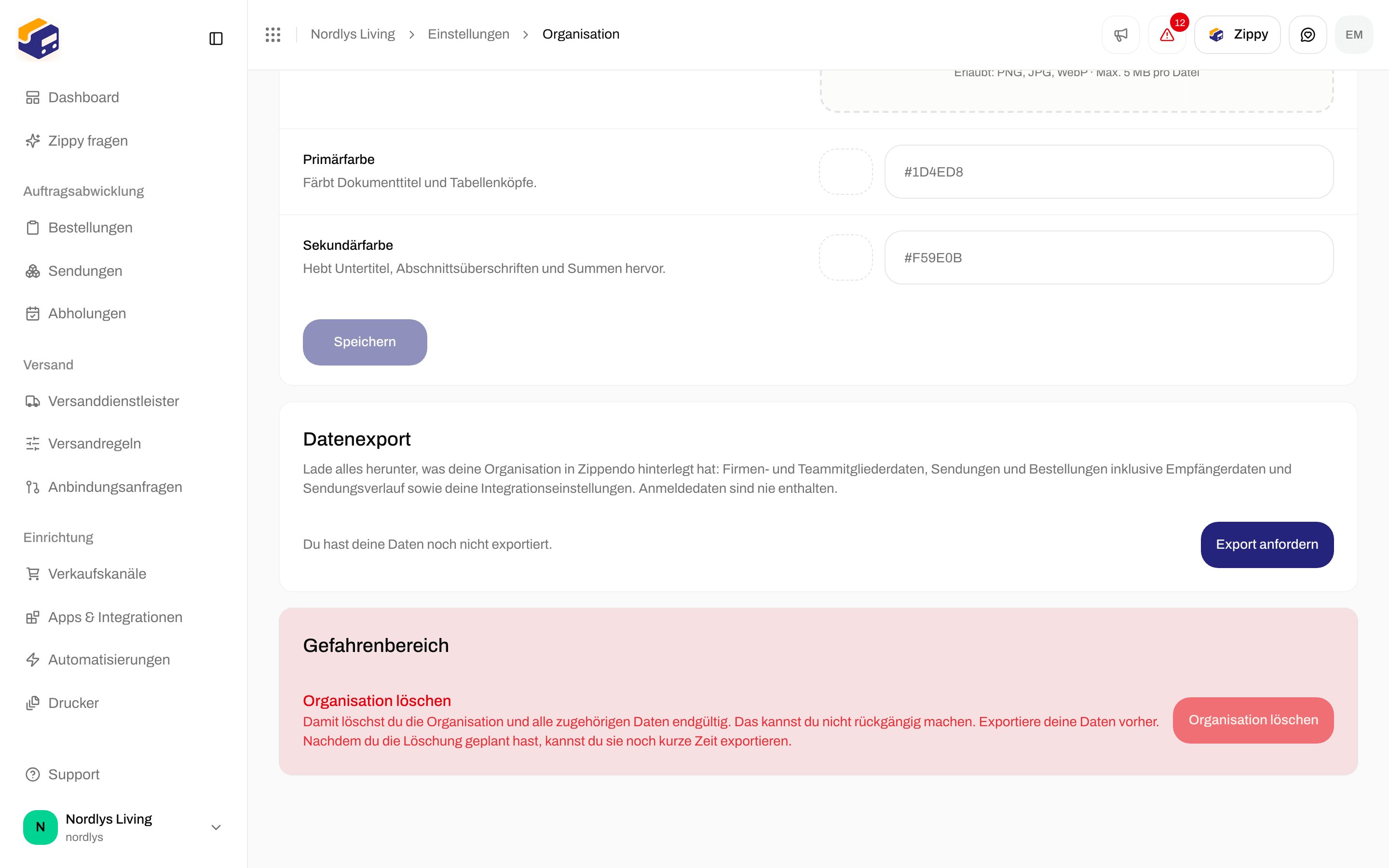 Gefahrenbereich mit der Überschrift Organisation löschen und einem Button Organisation löschen, der sich nicht anklicken lässt