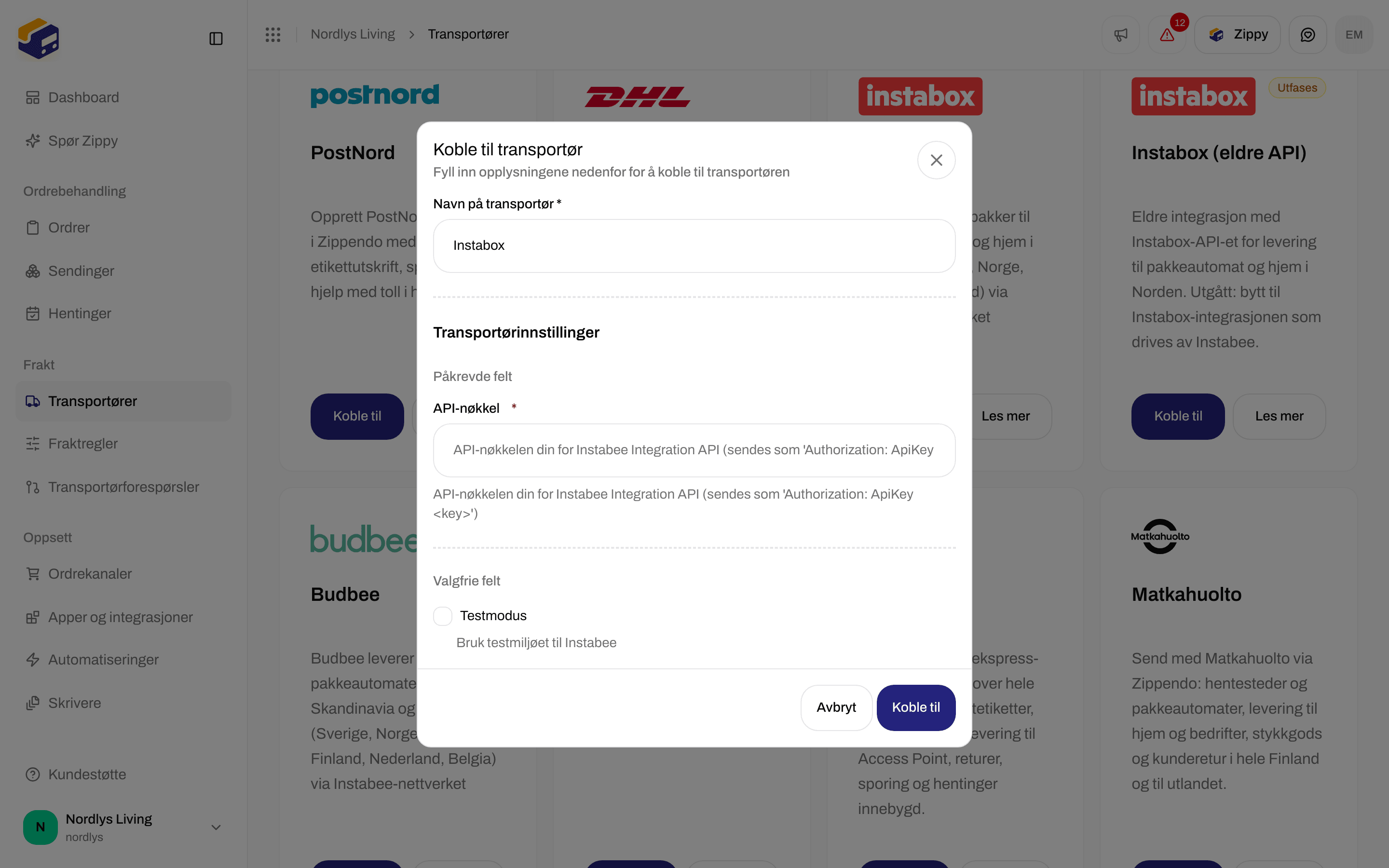 Koble til transportør for Instabox med API-nøkkel og Testmodus