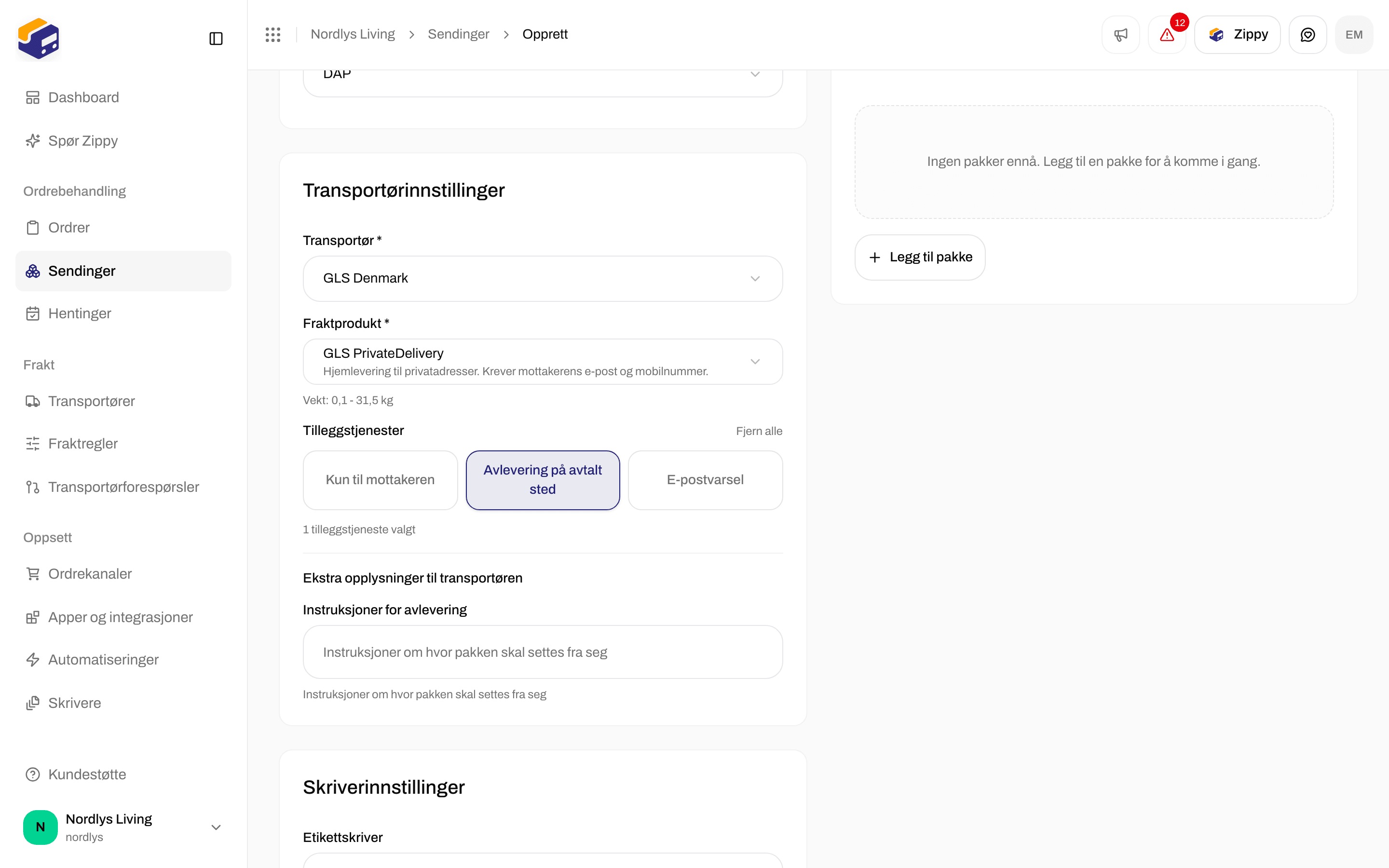 Ekstra opplysninger til transportøren med feltet Instruksjoner for avlevering etter at Avlevering på avtalt sted er slått på