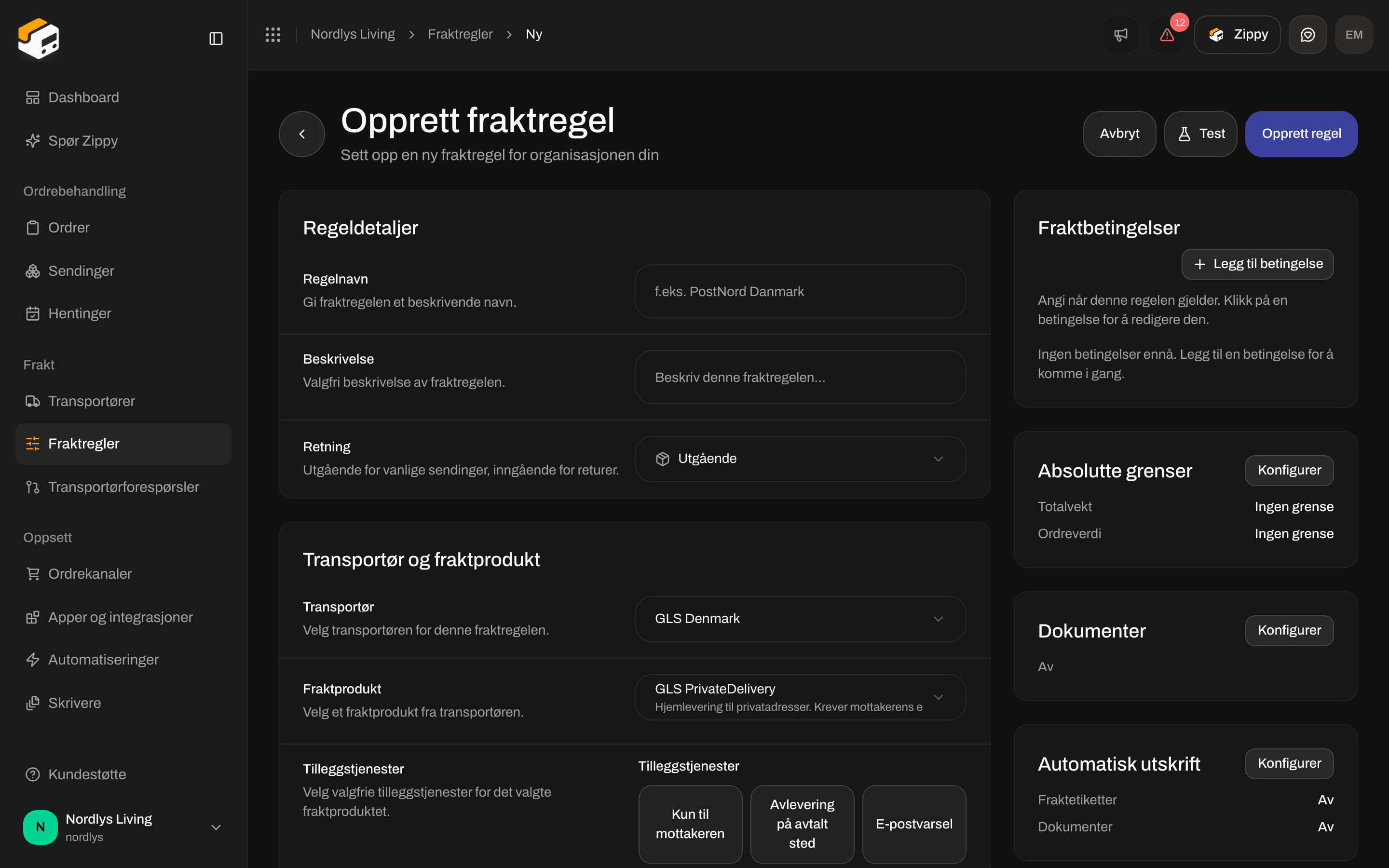 Skjemaet Opprett fraktregel med feltene Transportør, Fraktprodukt og Tilleggstjenester