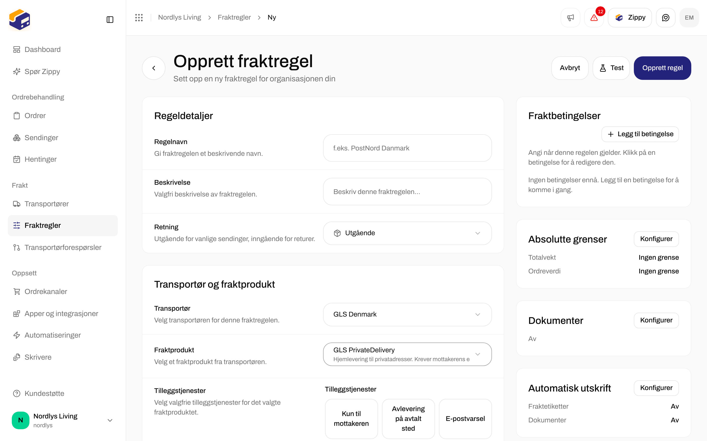 Skjemaet Opprett fraktregel med feltene Transportør, Fraktprodukt og Tilleggstjenester