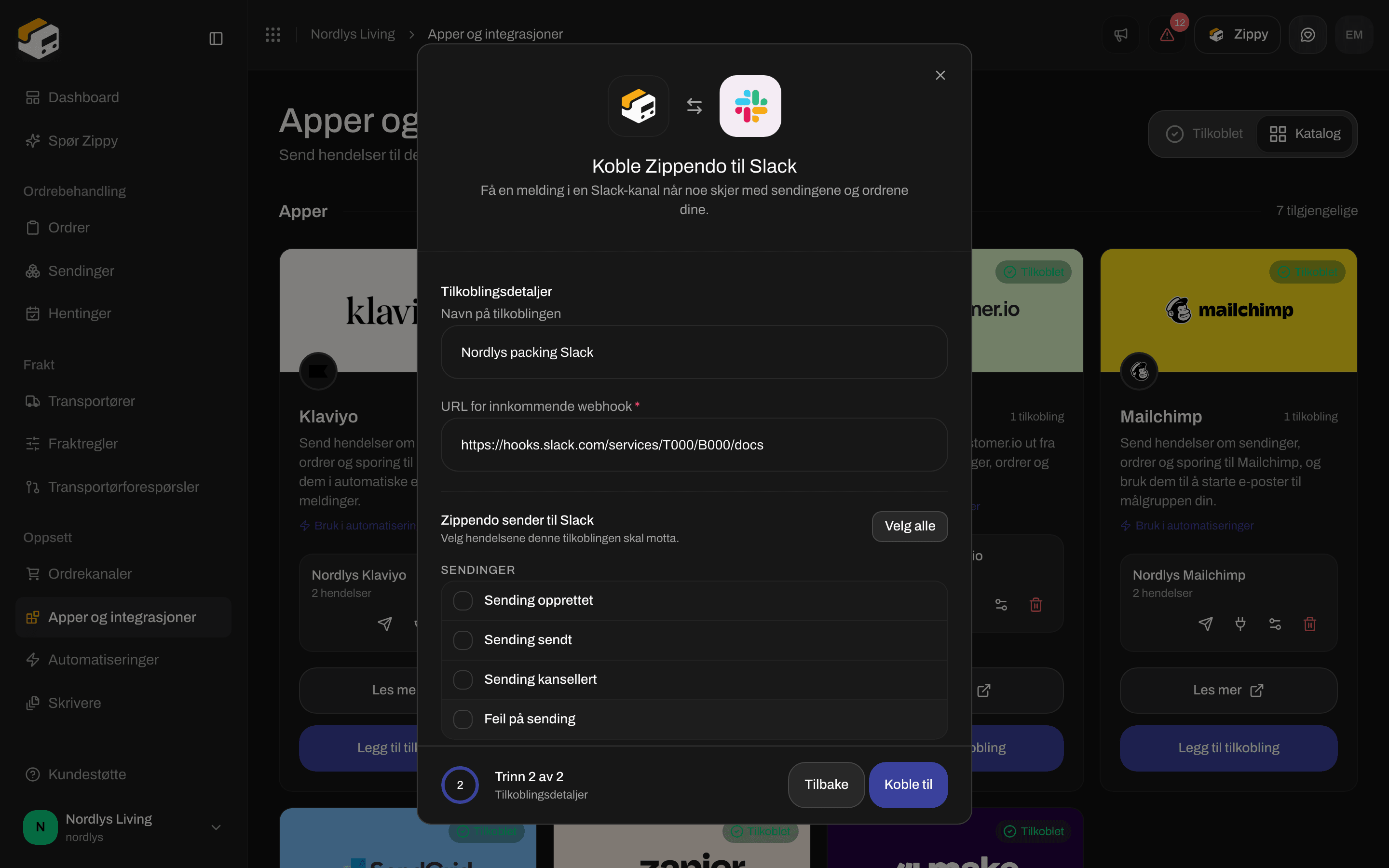 Tilkoblingsvindu for Slack med et navn på tilkoblingen, URL for innkommende webhook og avmerkingsbokser for hendelser