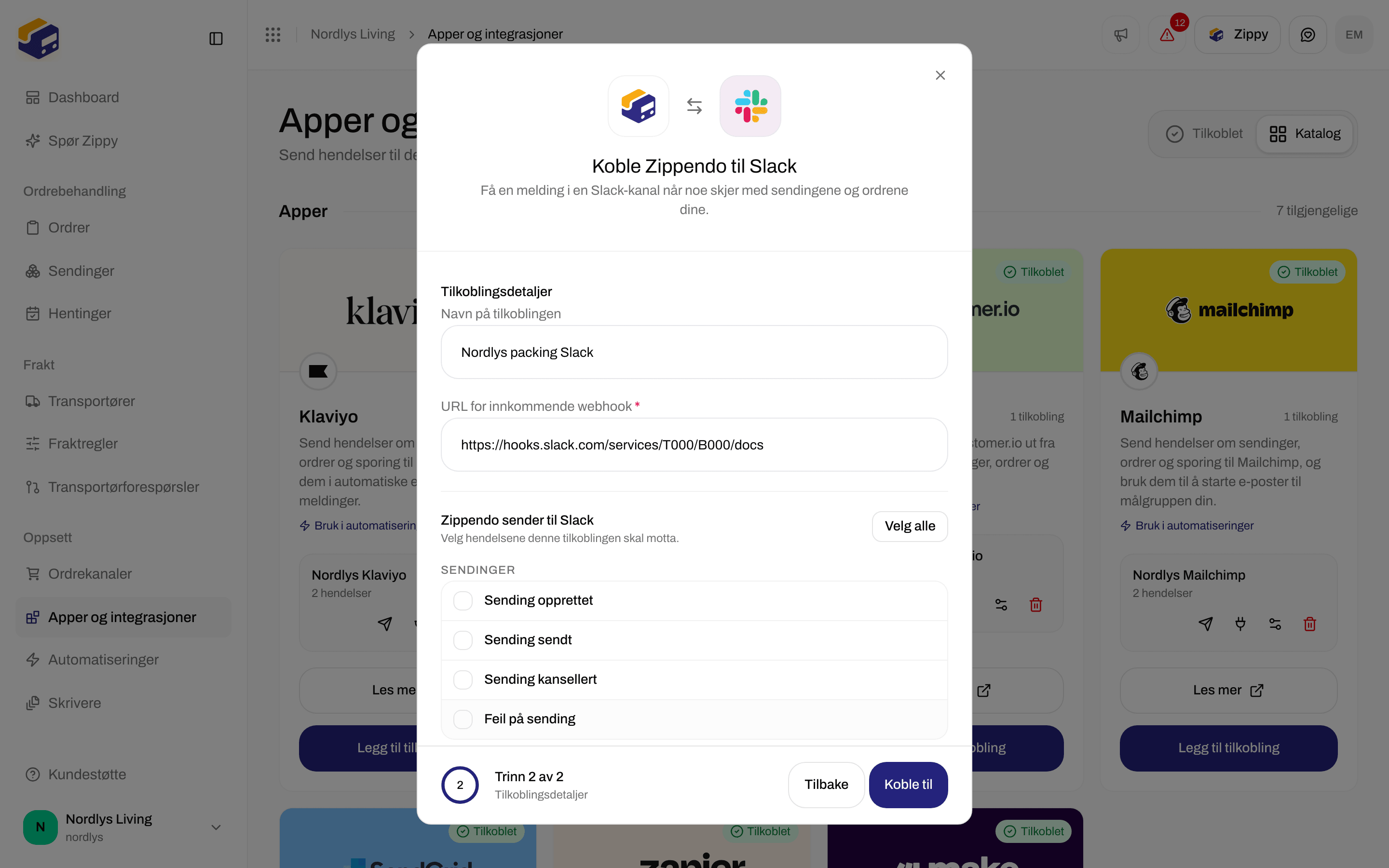 Tilkoblingsvindu for Slack med et navn på tilkoblingen, URL for innkommende webhook og avmerkingsbokser for hendelser