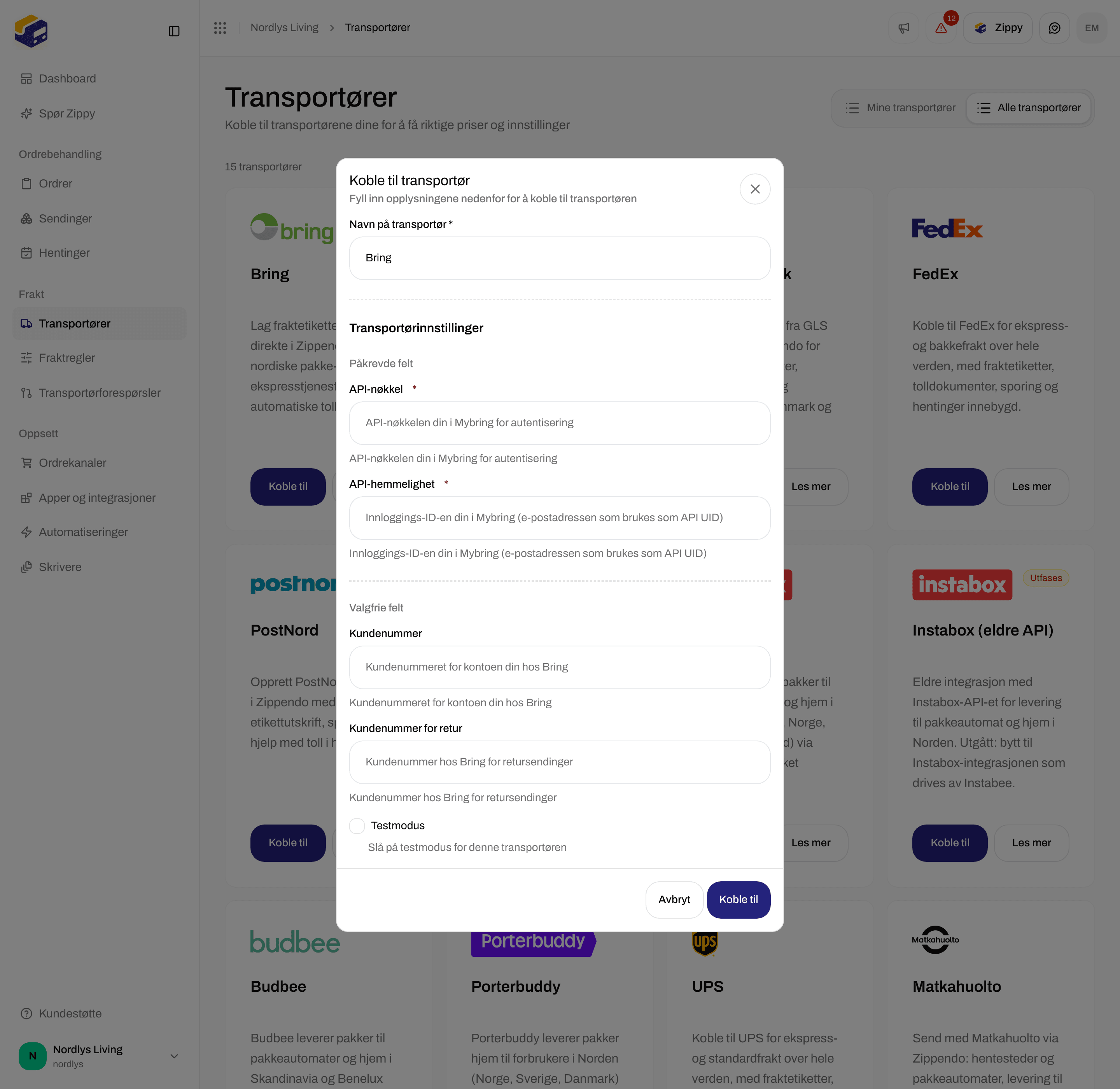 Tilkoblingsskjemaet for Bring rullet ned til Valgfrie felt med Customer number, Return customer number og Test mode