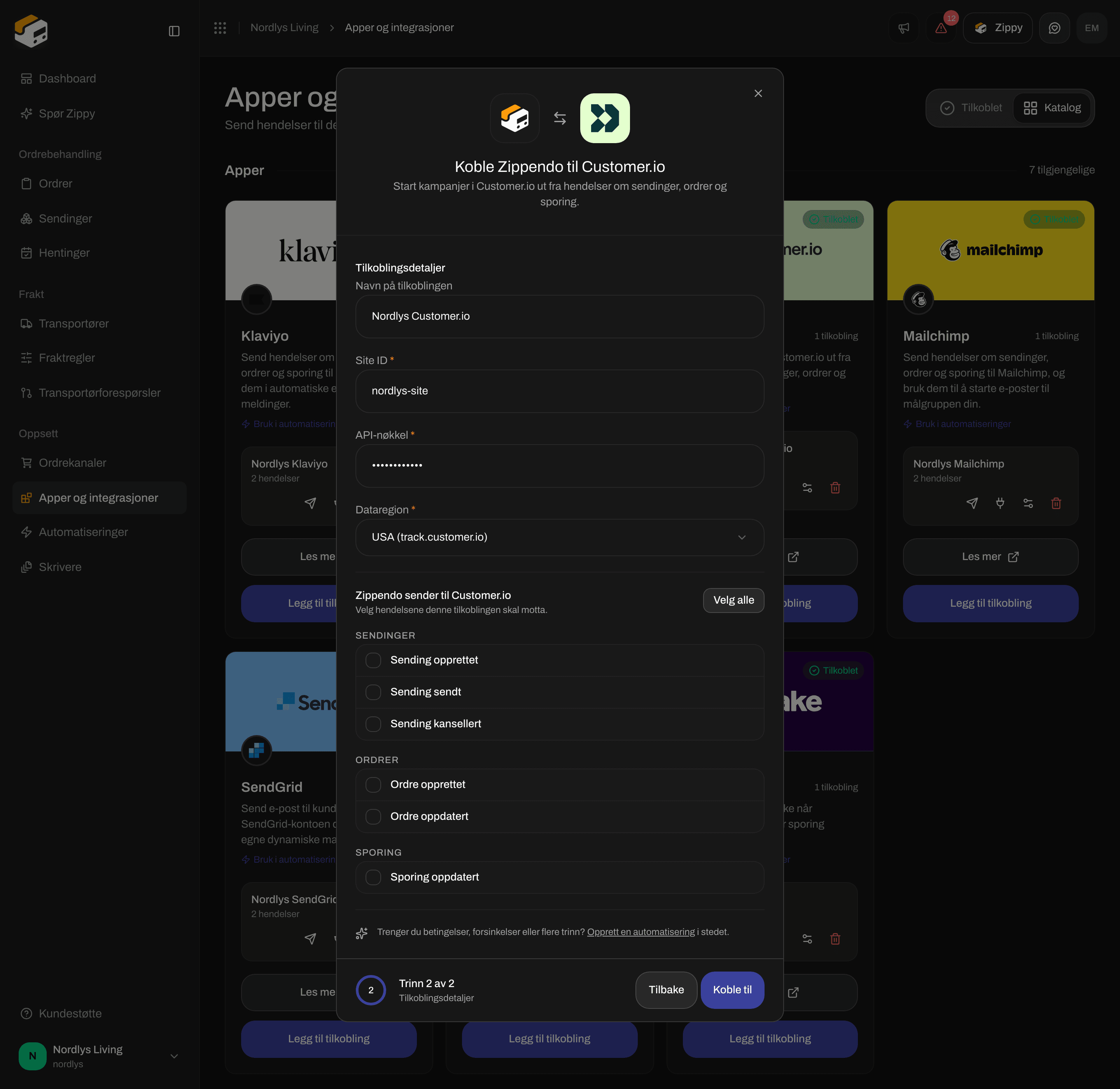 Tilkoblingsvinduet for Customer.io rullet ned til avkrysningsboksene for ordre- og sporingshendelser