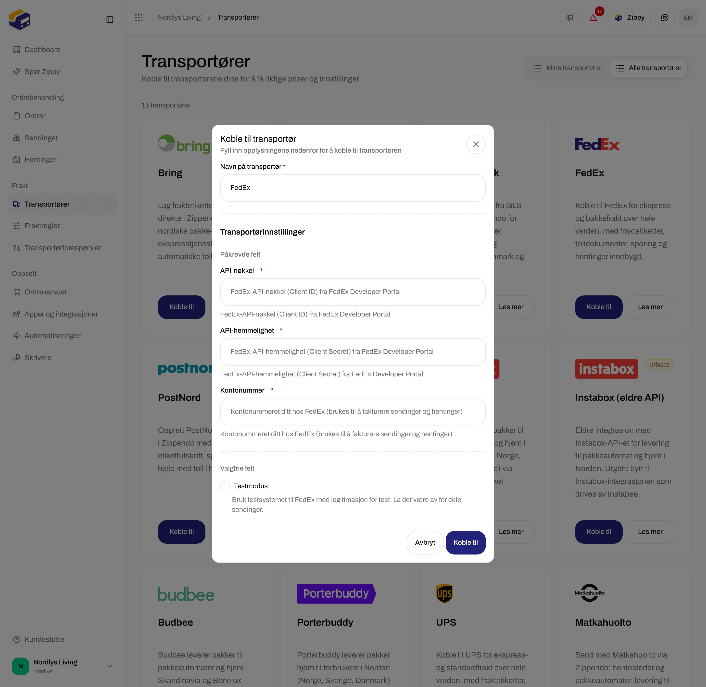 Vinduet Koble til transportør for FedEx med de påkrevde feltene API-nøkkel, API secret og Account number