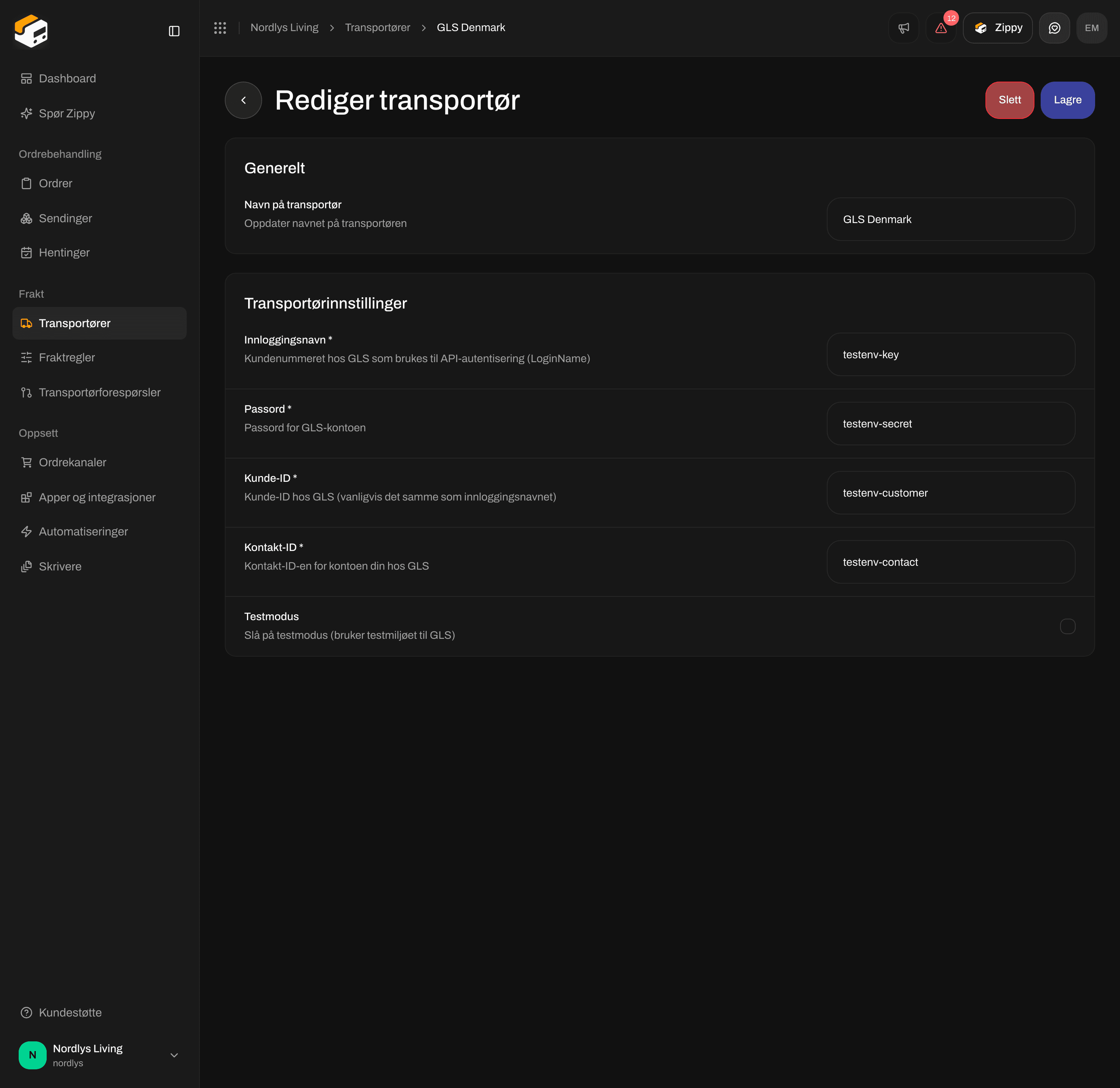 Rediger transportør for GLS Denmark med Login name, Passord, Customer ID, Contact ID og Testmodus
