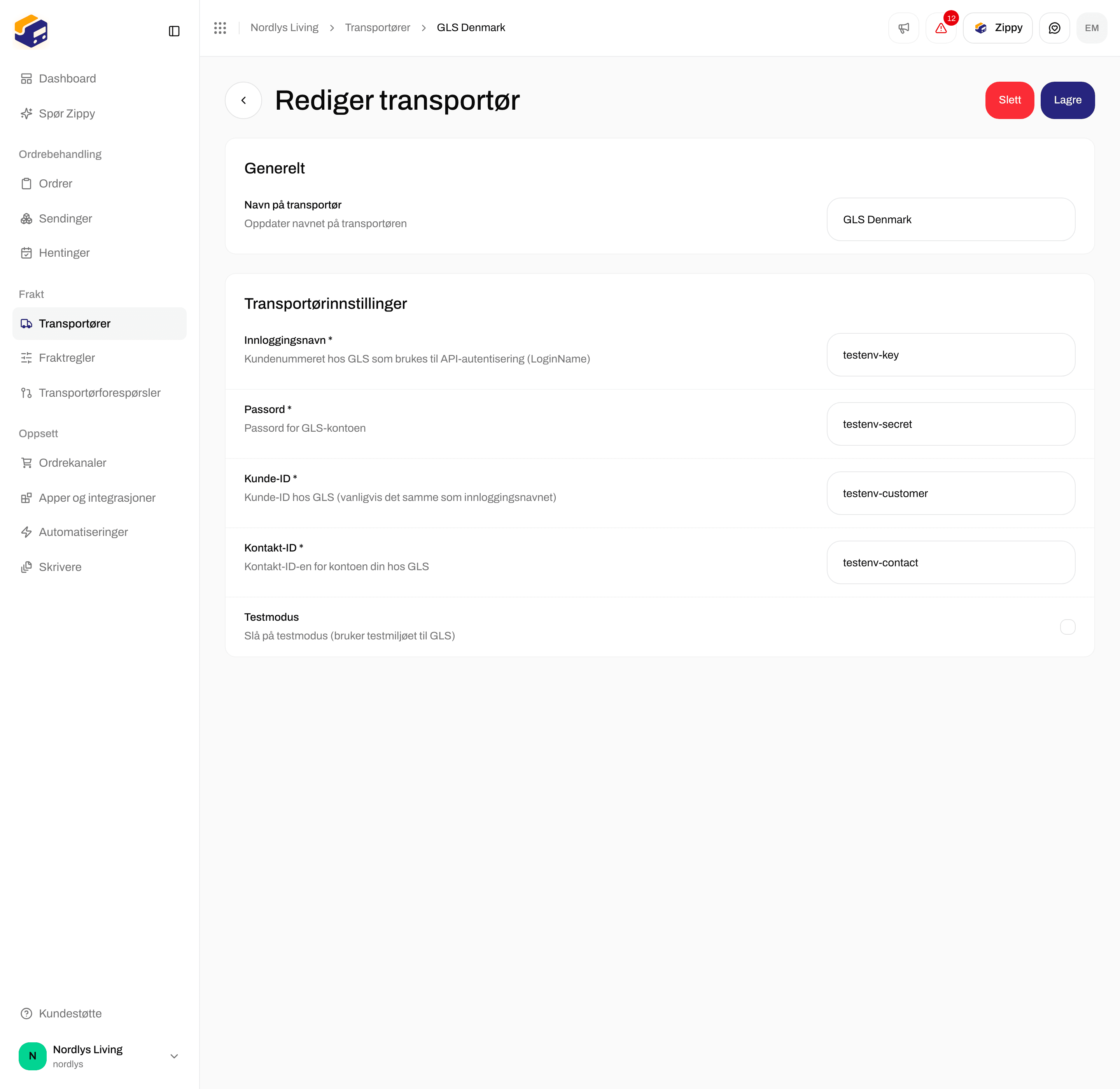 Rediger transportør for GLS Denmark med Login name, Passord, Customer ID, Contact ID og Testmodus