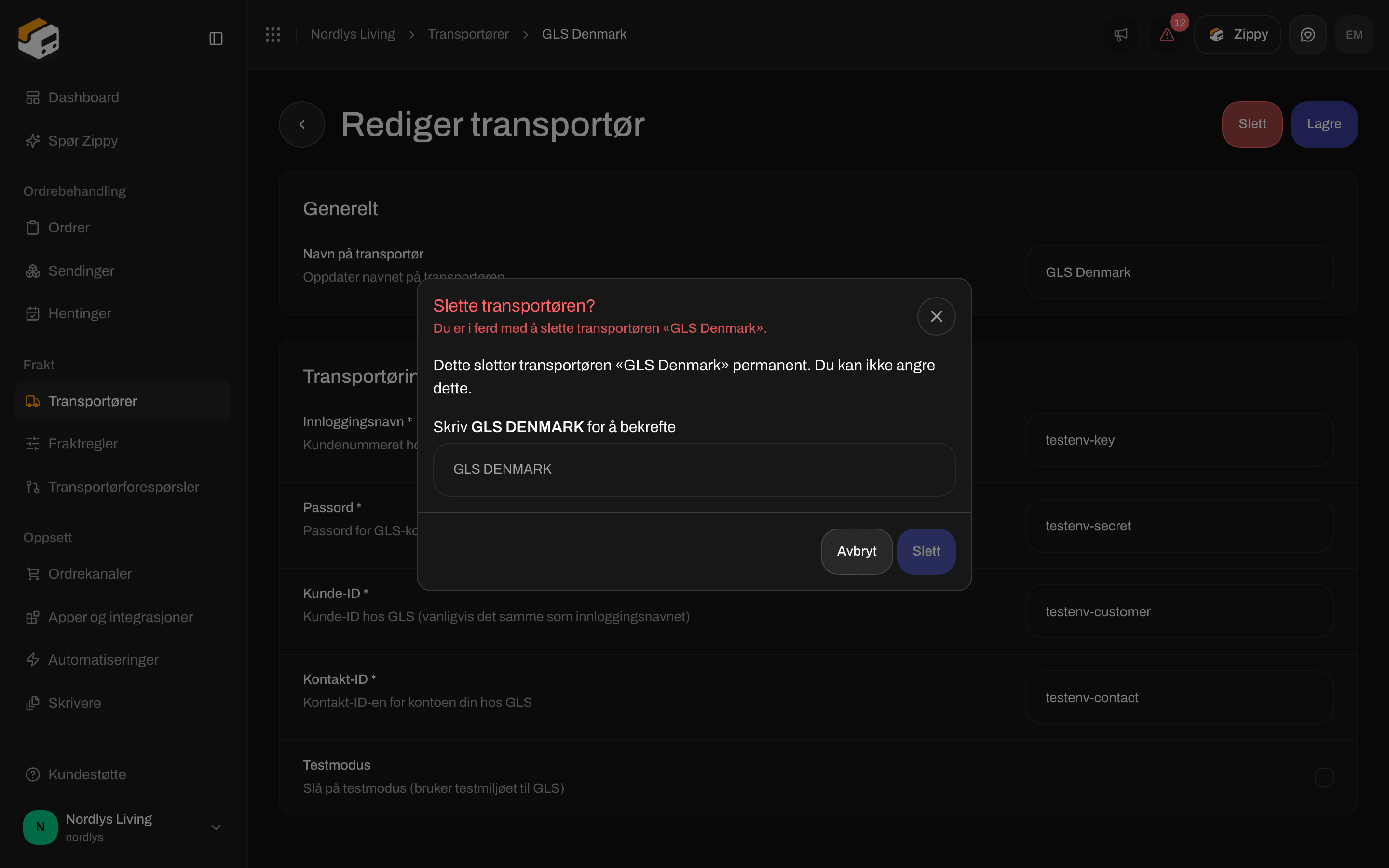 Vinduet Slette transportøren? som ber deg skrive navnet GLS Denmark med store bokstaver