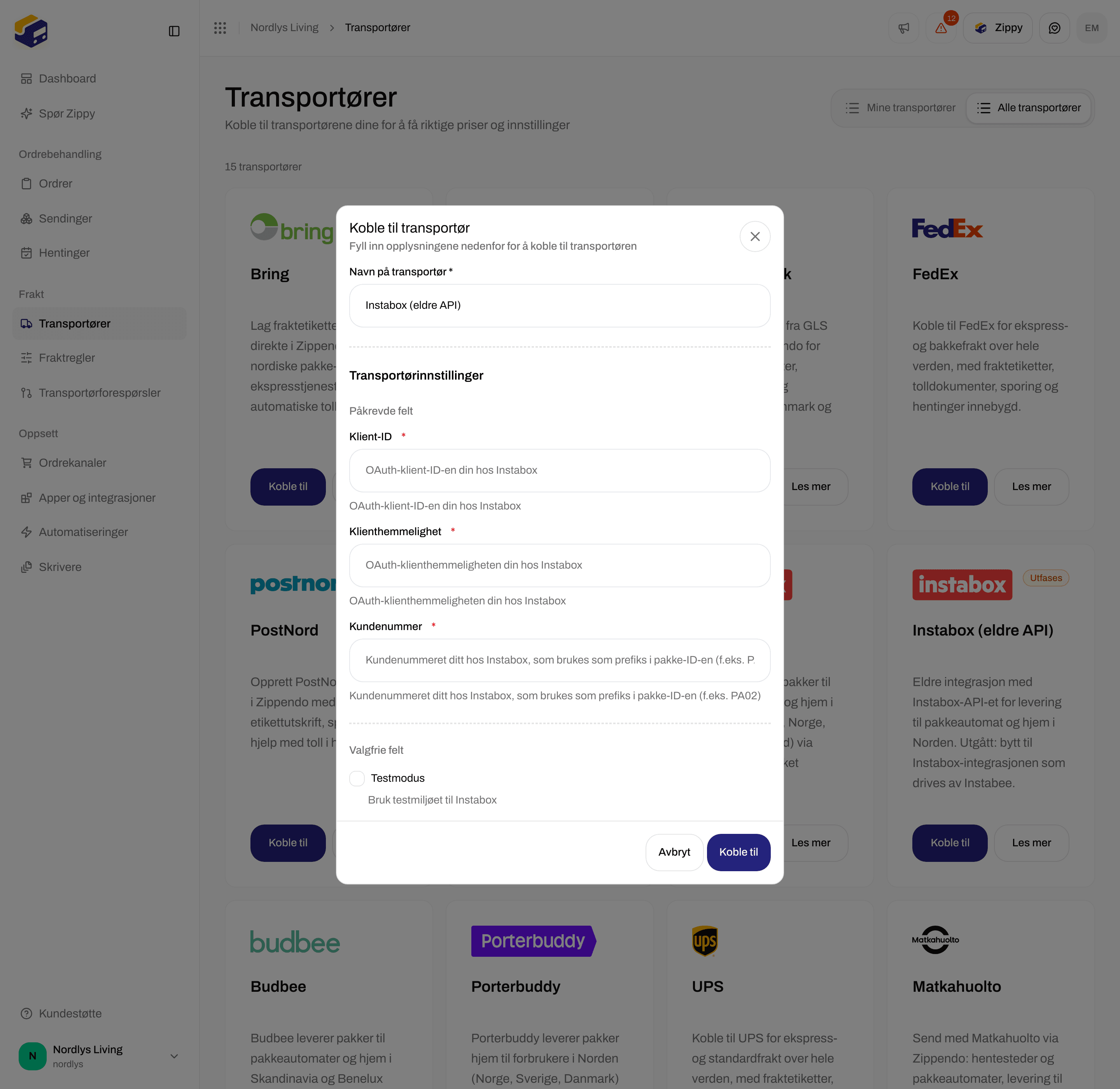 Vinduet Koble til transportør for Instabox Legacy API med Klient-ID, Klienthemmelighet og Customer number