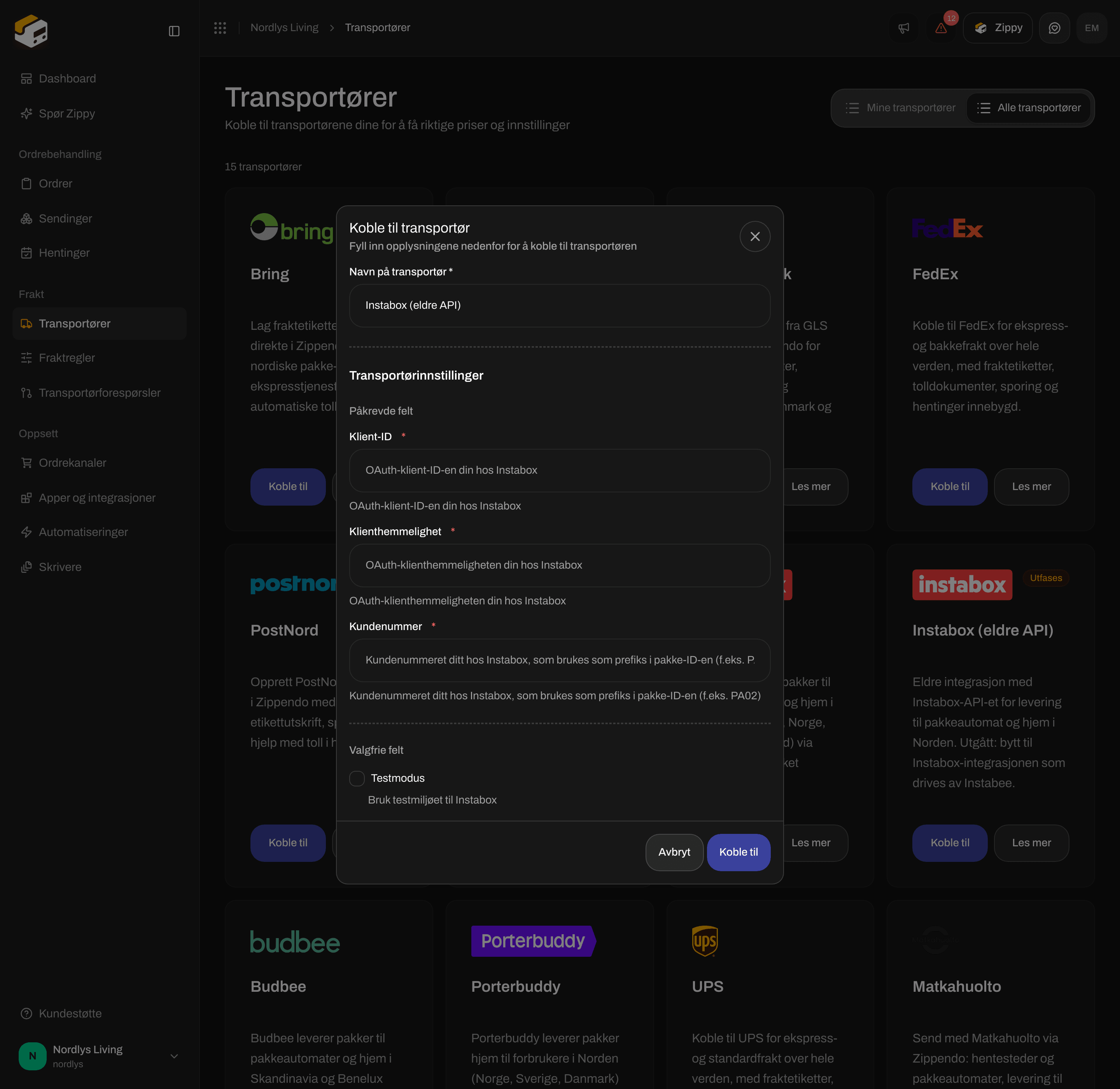 Skjemaet for Instabox Legacy API rullet ned til Valgfrie felt med avkrysningsboksen Testmodus