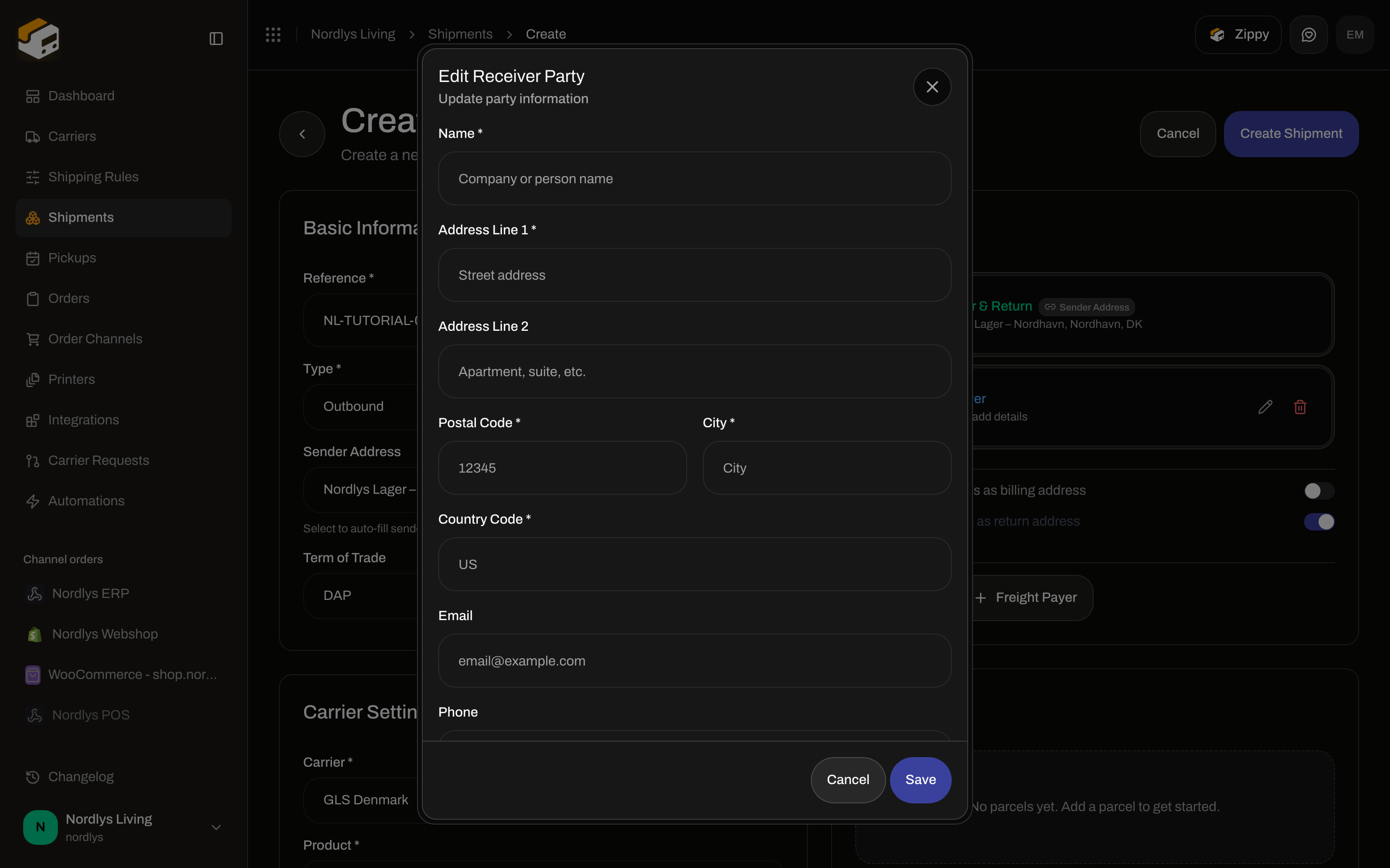 Edit Receiver Party dialog with name, address, postal code, city, country code, email, and phone