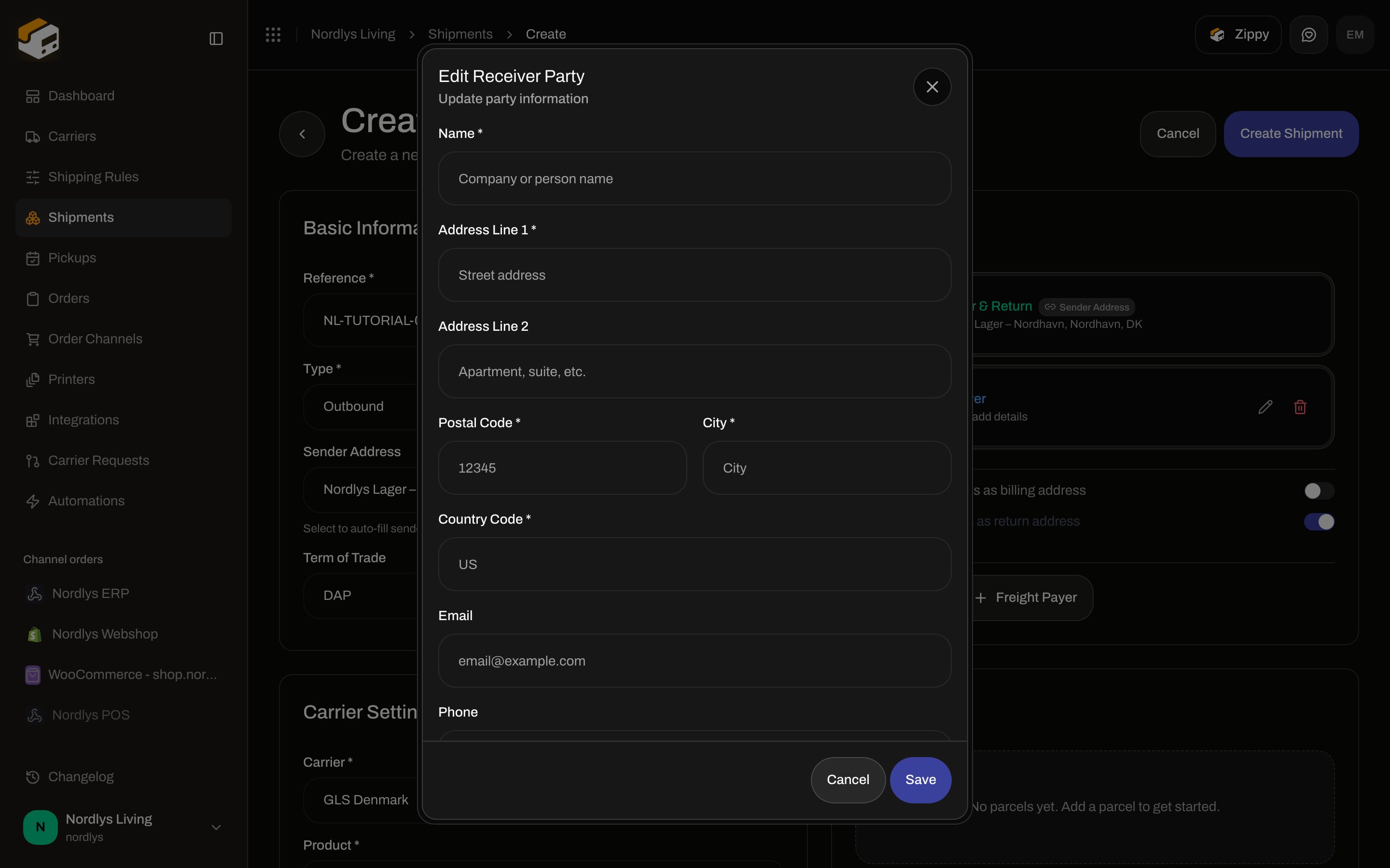 Edit Receiver Party dialog with name, address, postal code, city, country code, email, and phone