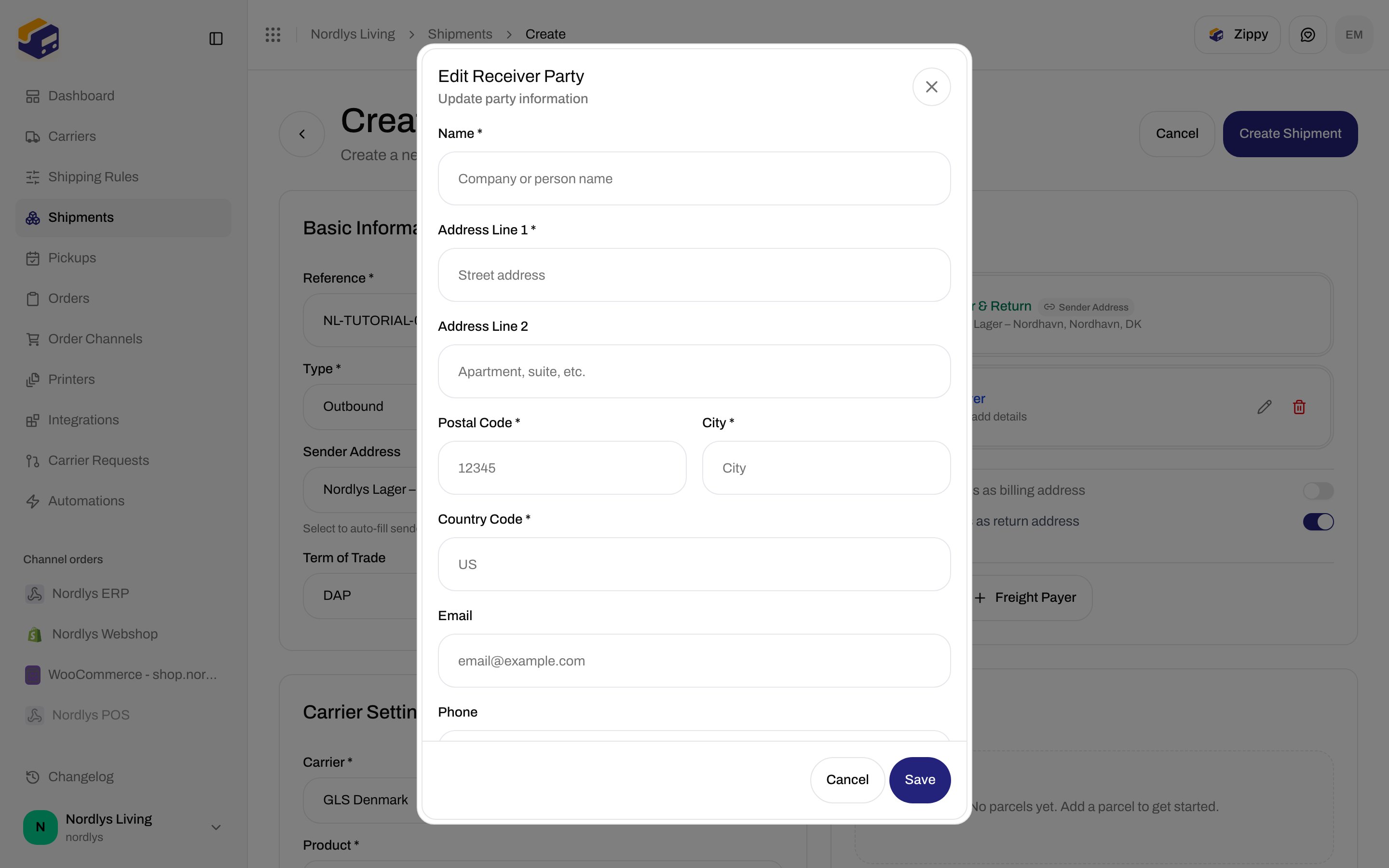 Edit Receiver Party dialog with name, address, postal code, city, country code, email, and phone