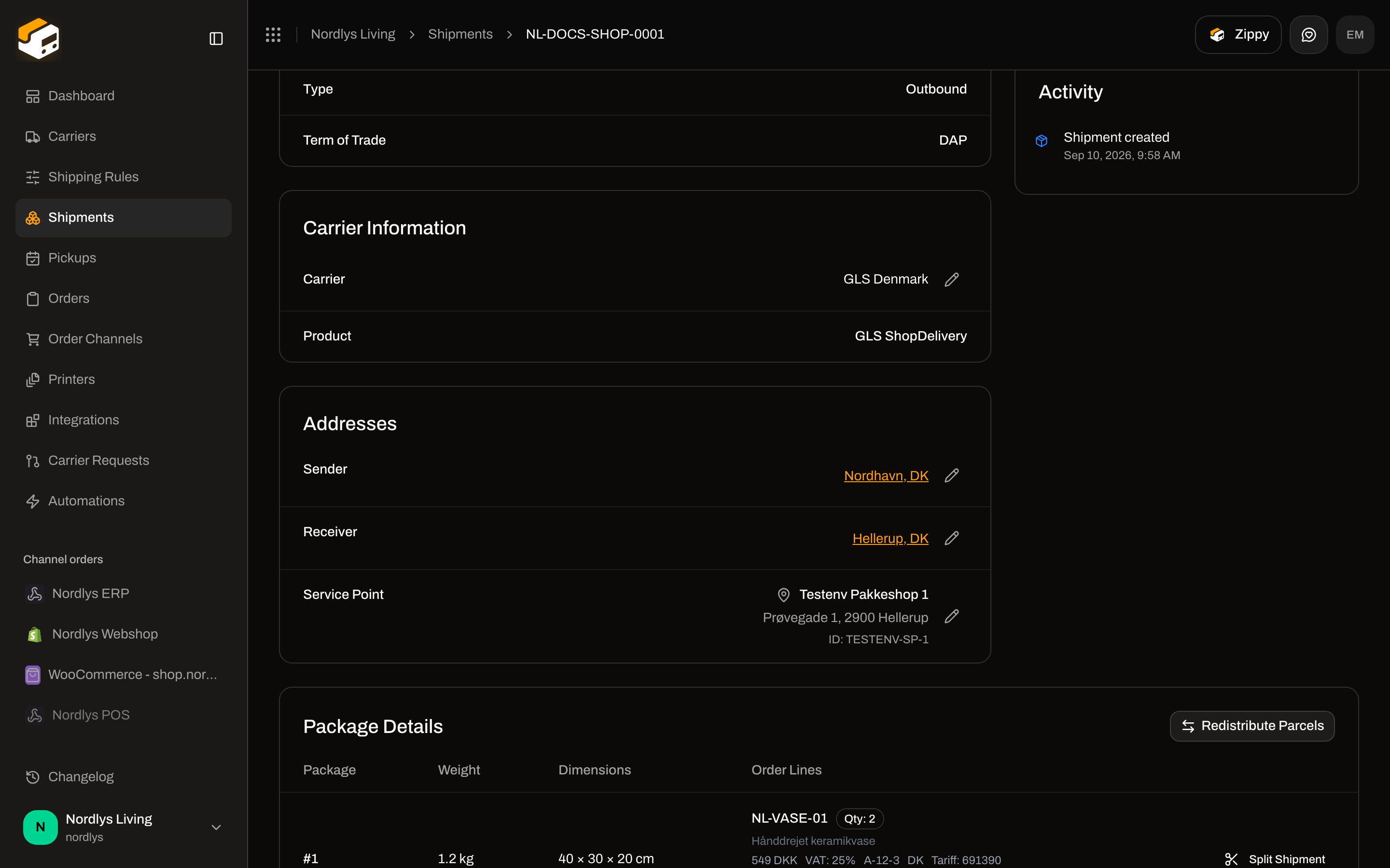 Shipment Addresses with Sender and Receiver rows and pencil buttons