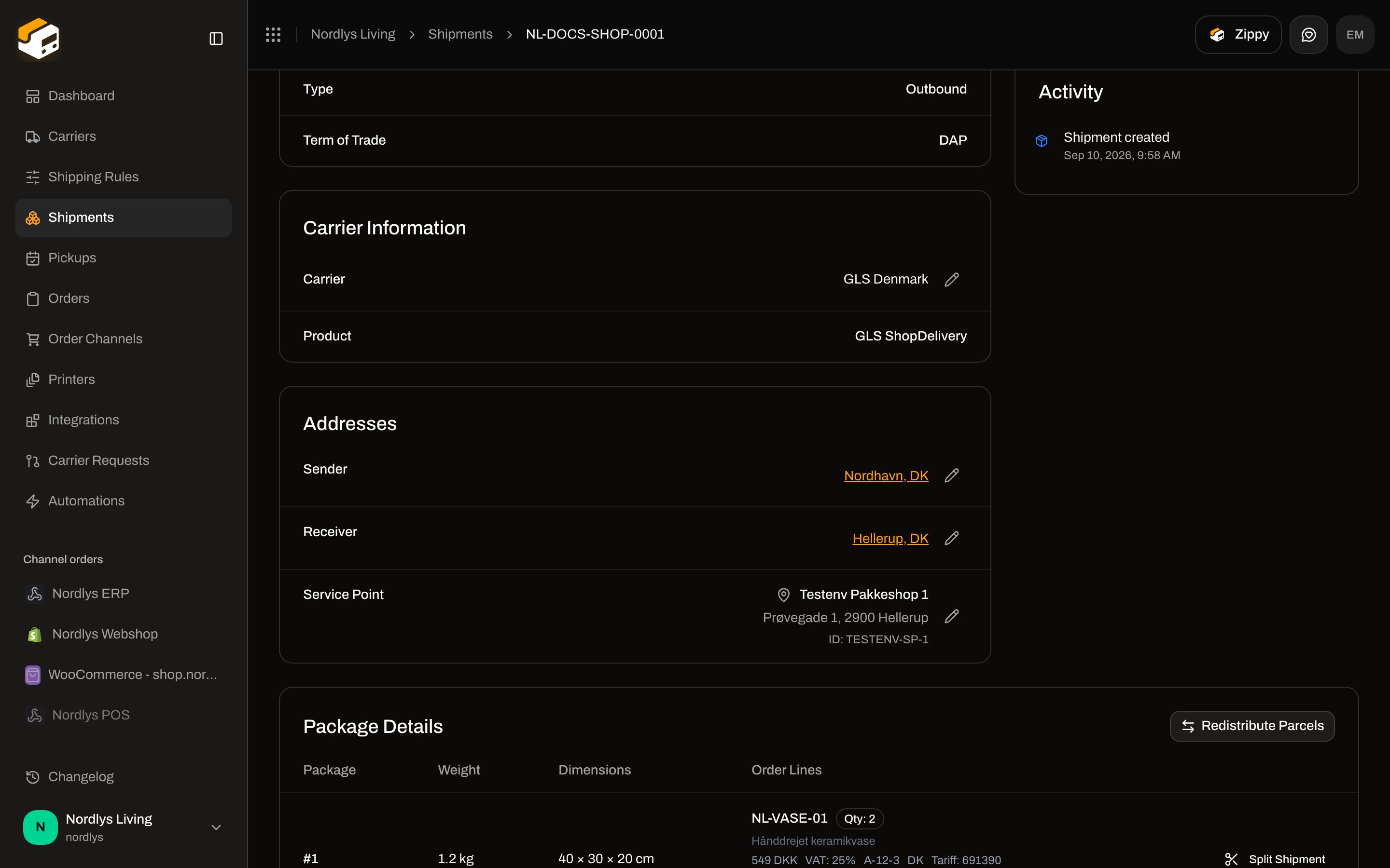 Shipment Addresses with Sender and Receiver rows and pencil buttons