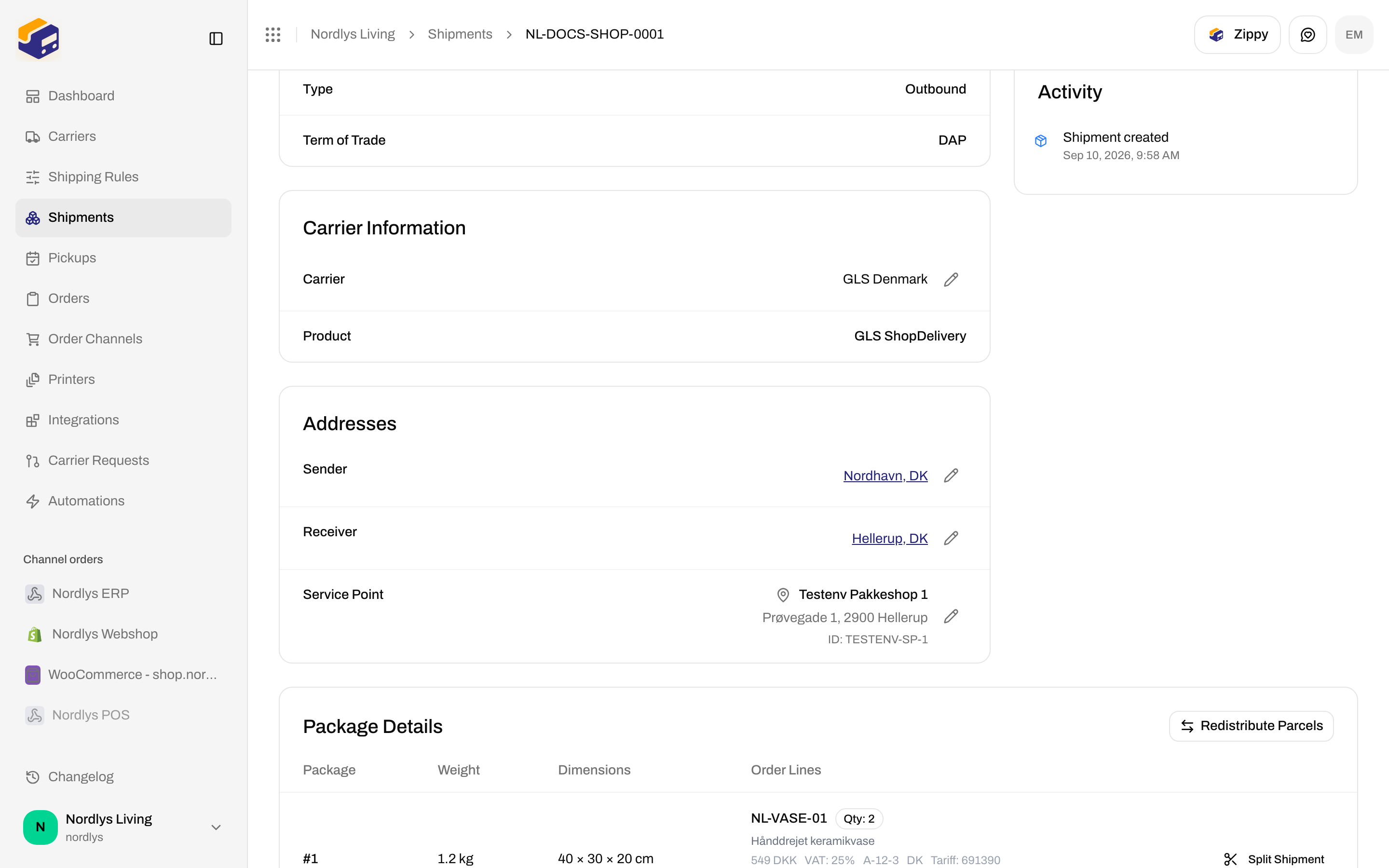 Shipment Addresses with Sender and Receiver rows and pencil buttons