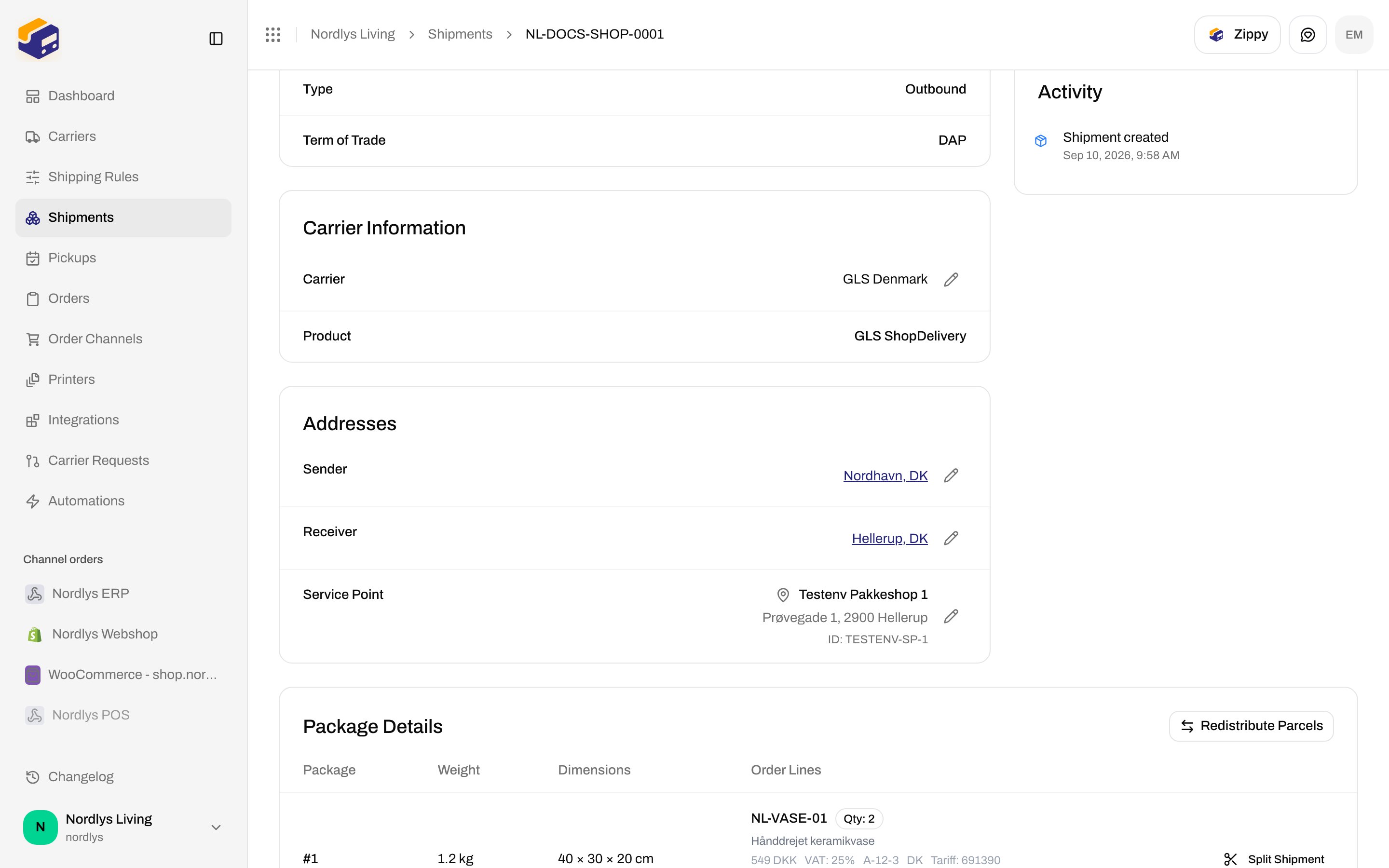 Shipment Addresses with Sender and Receiver rows and pencil buttons