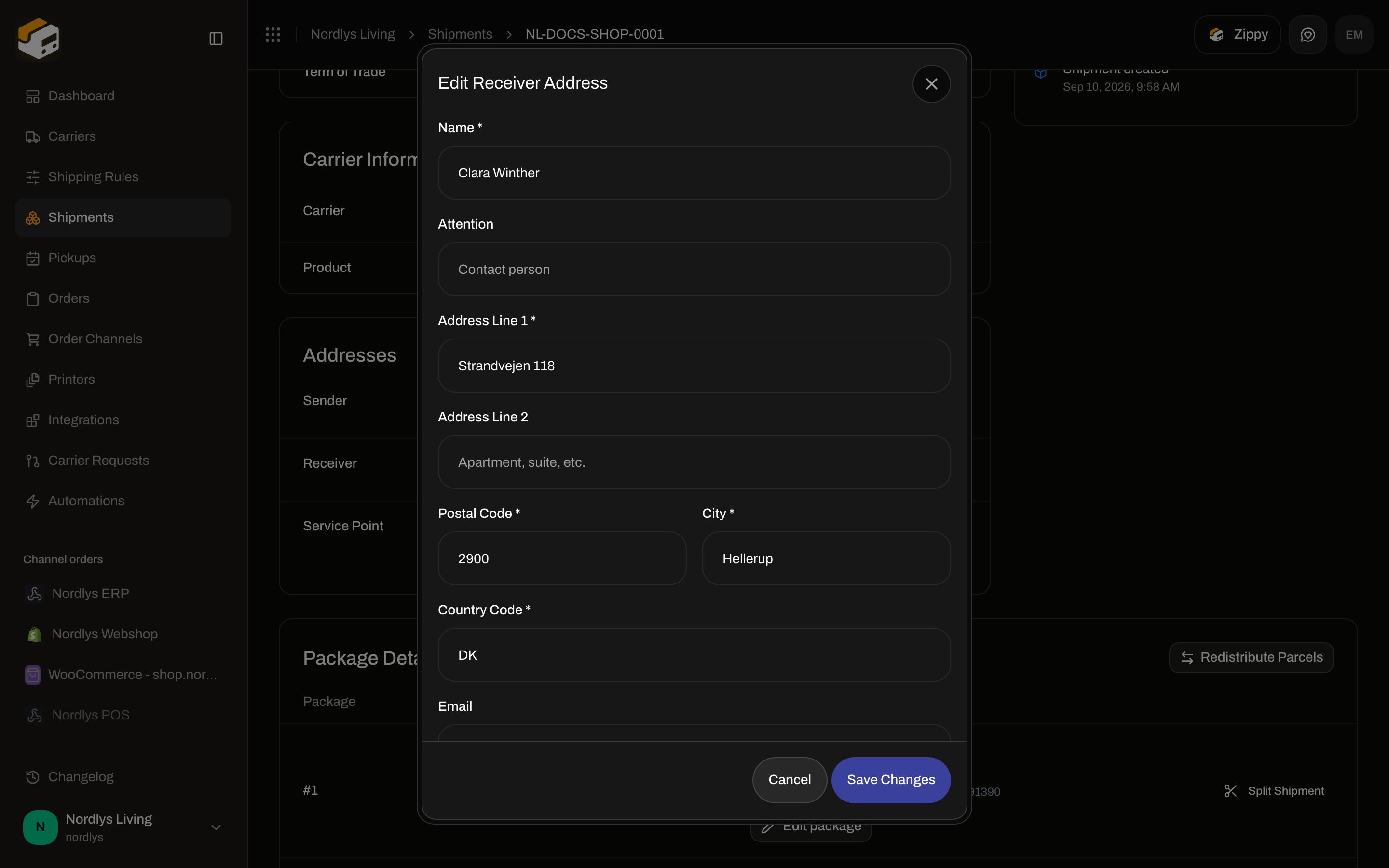 Edit Receiver Address dialog with Attention, address lines, postal code, city, country, email, and phone