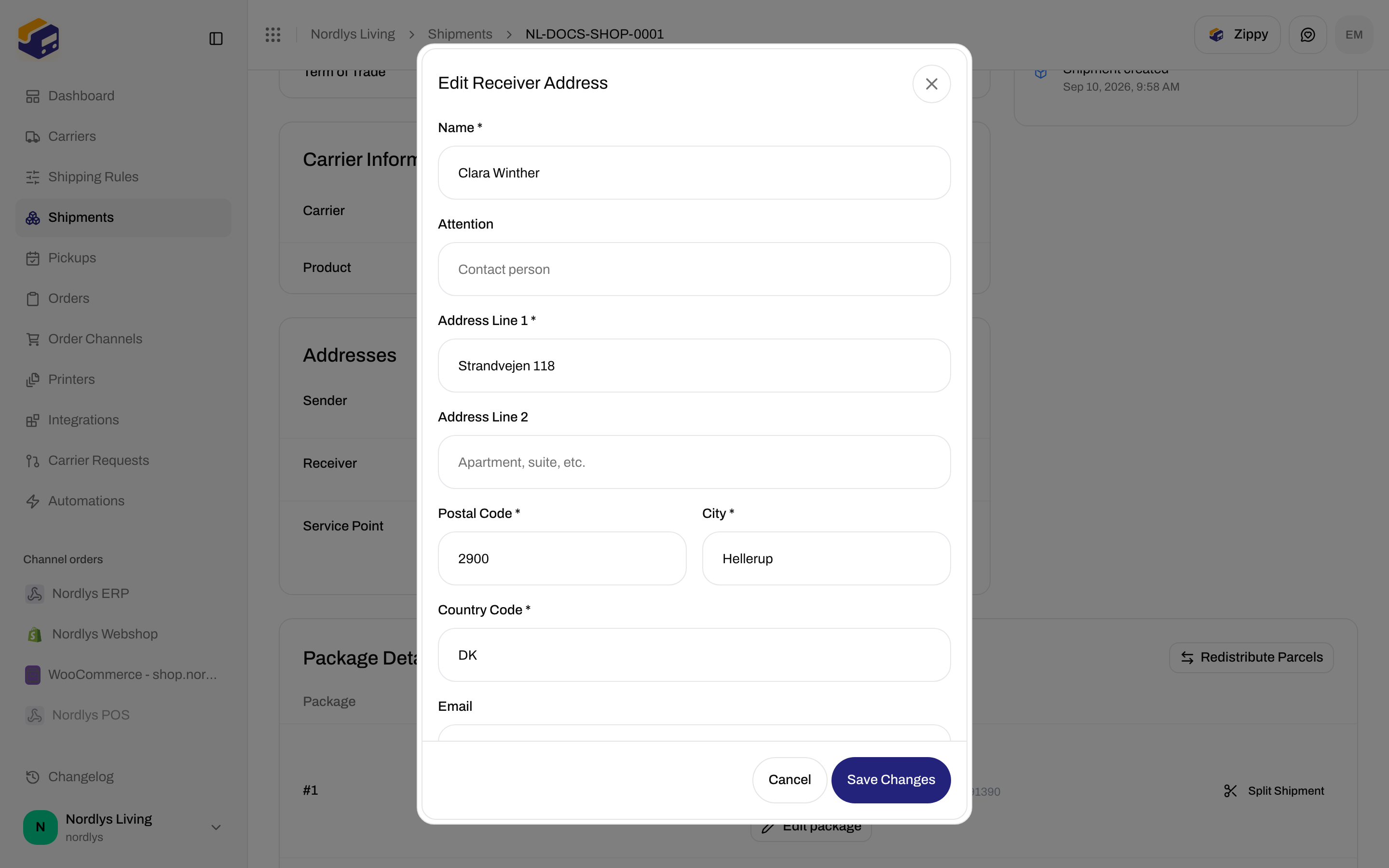Edit Receiver Address dialog with Attention, address lines, postal code, city, country, email, and phone