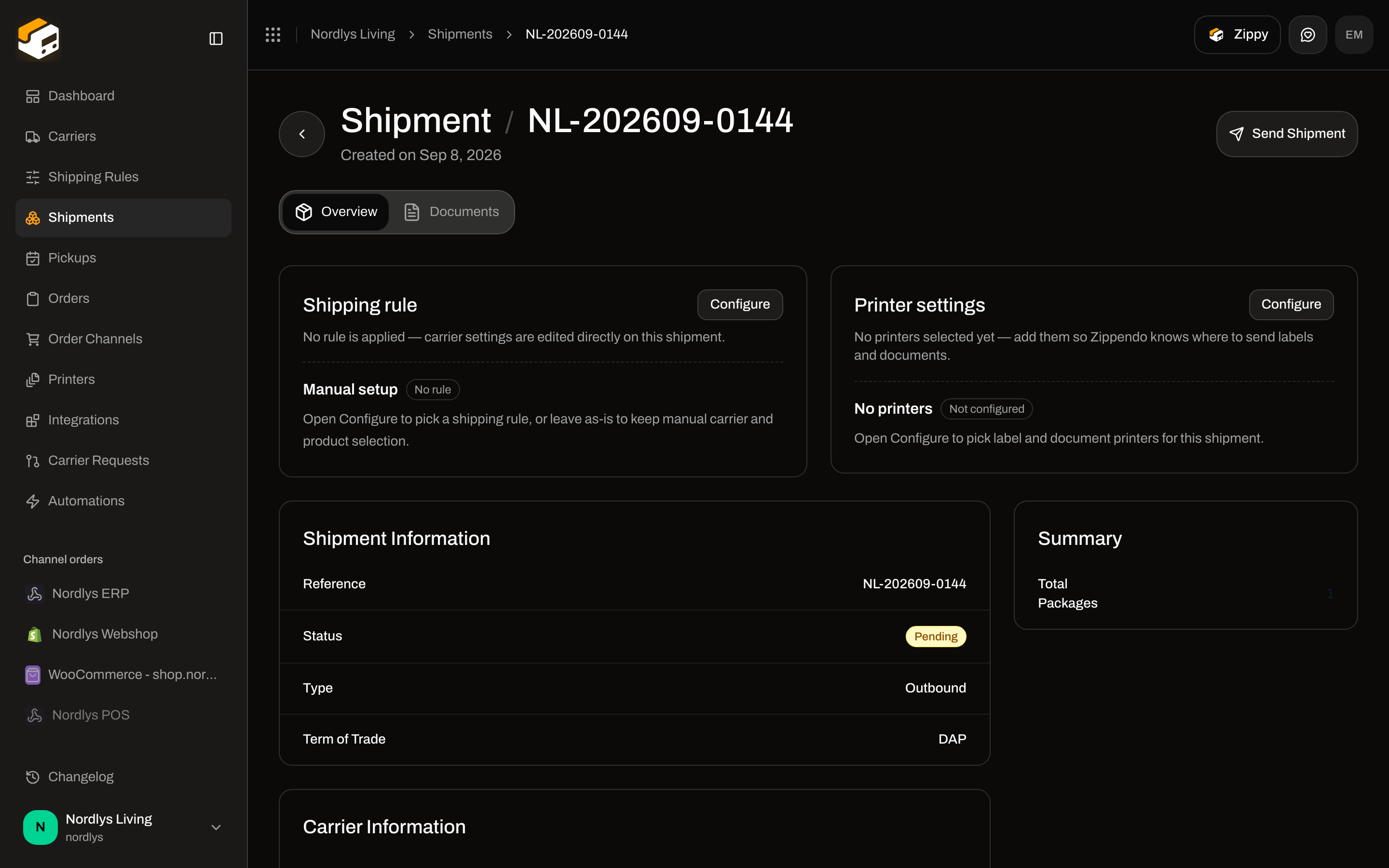 Shipment Overview Printer settings card showing No printers and Not configured