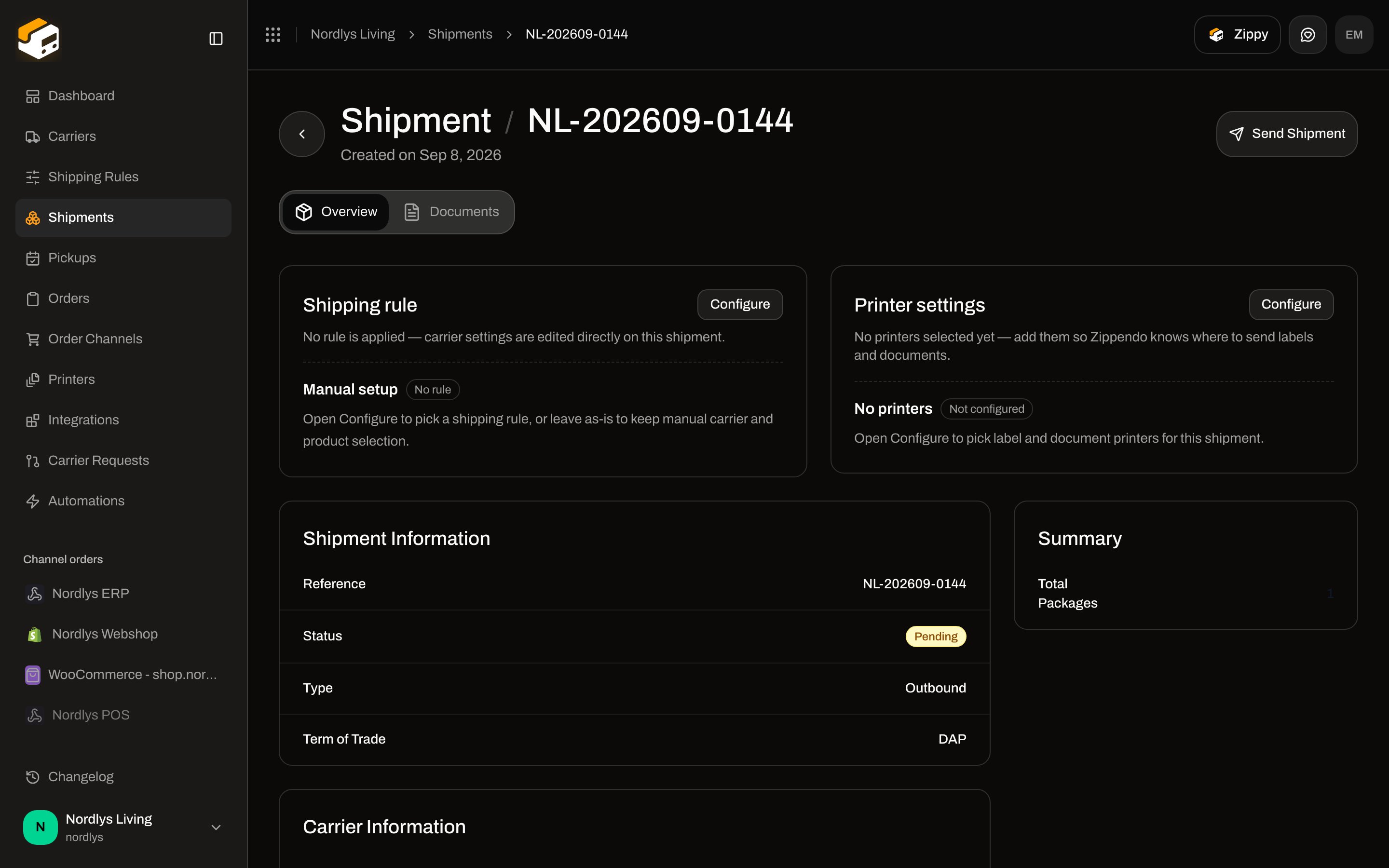 Shipment Overview Printer settings card showing No printers and Not configured