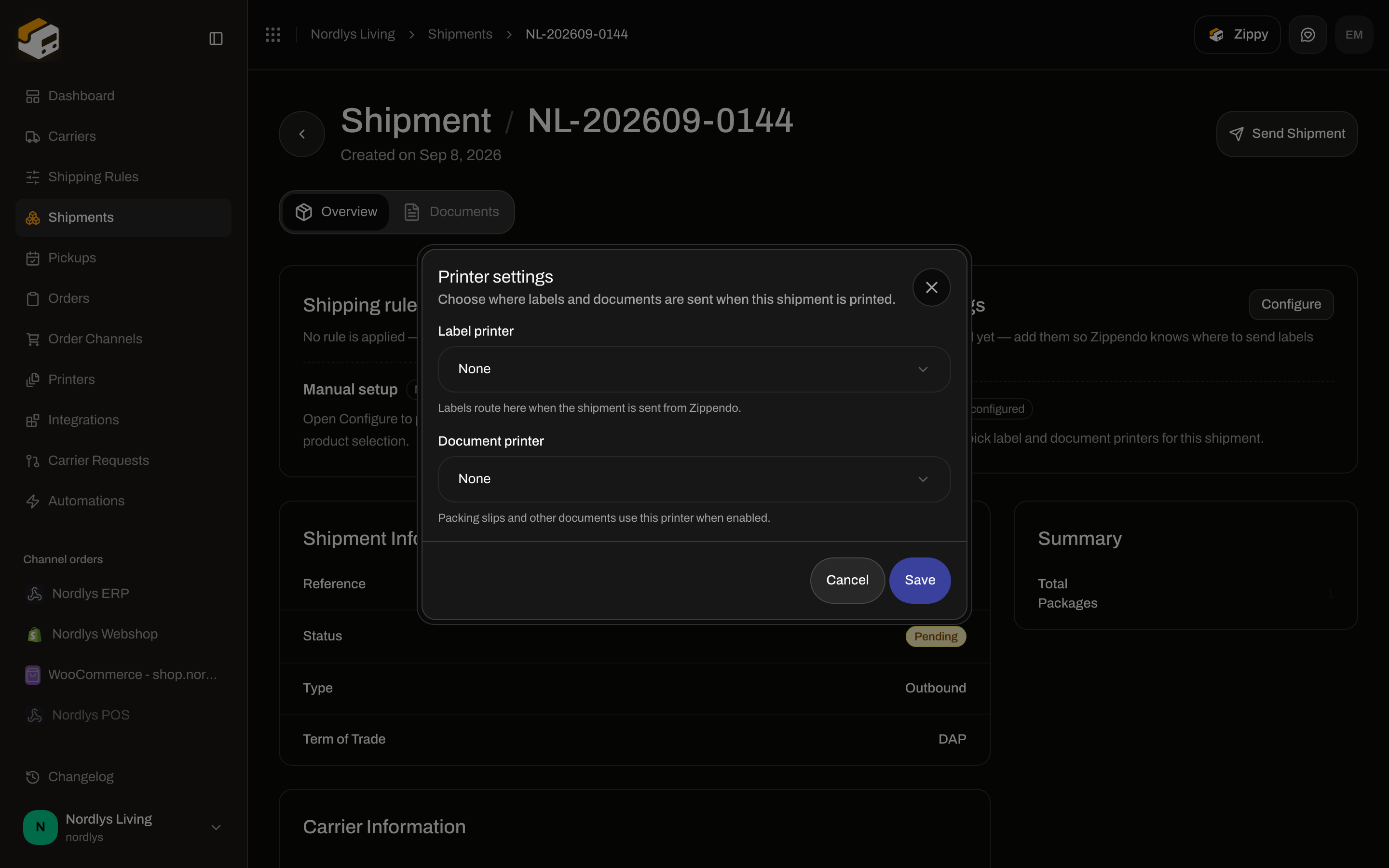 Printer settings dialog with Label printer and Document printer dropdowns
