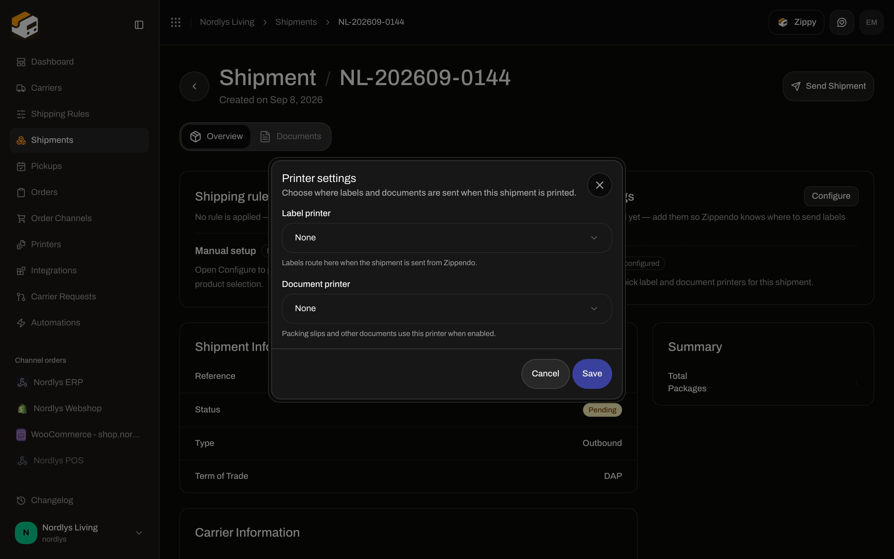 Printer settings dialog with Label printer and Document printer dropdowns