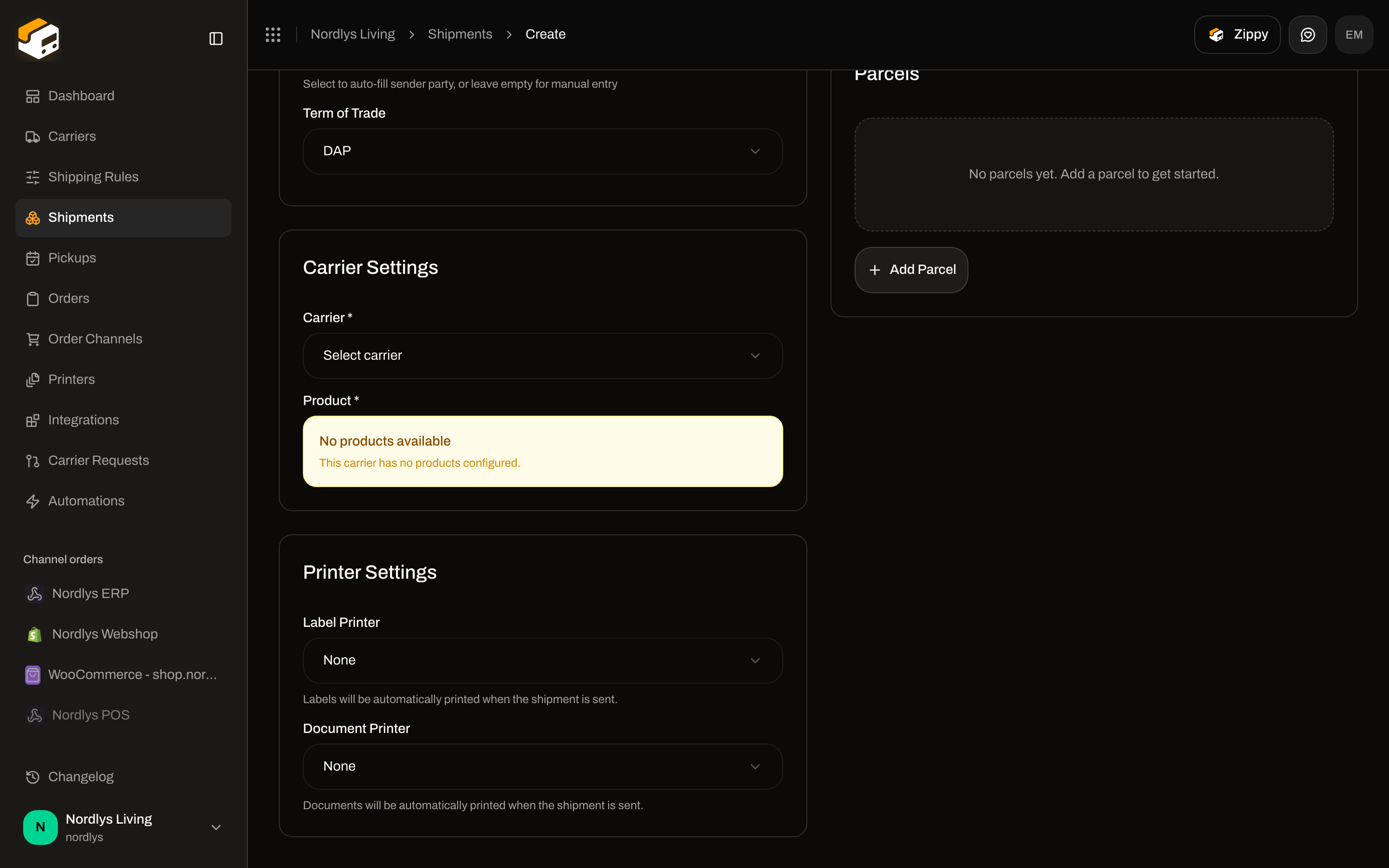 Create Shipment Printer Settings card with Label Printer and Document Printer set to None