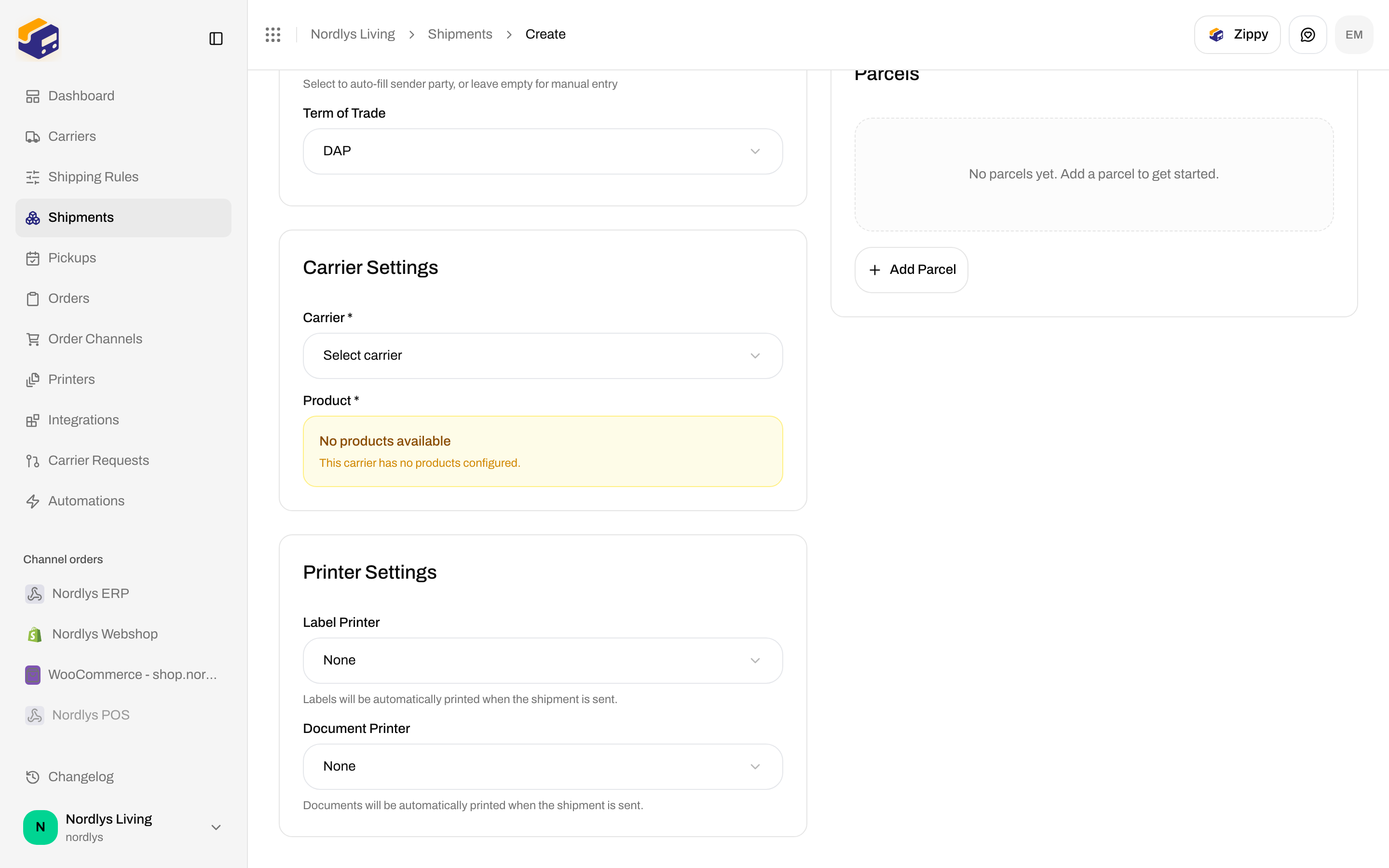 Create Shipment Printer Settings card with Label Printer and Document Printer set to None