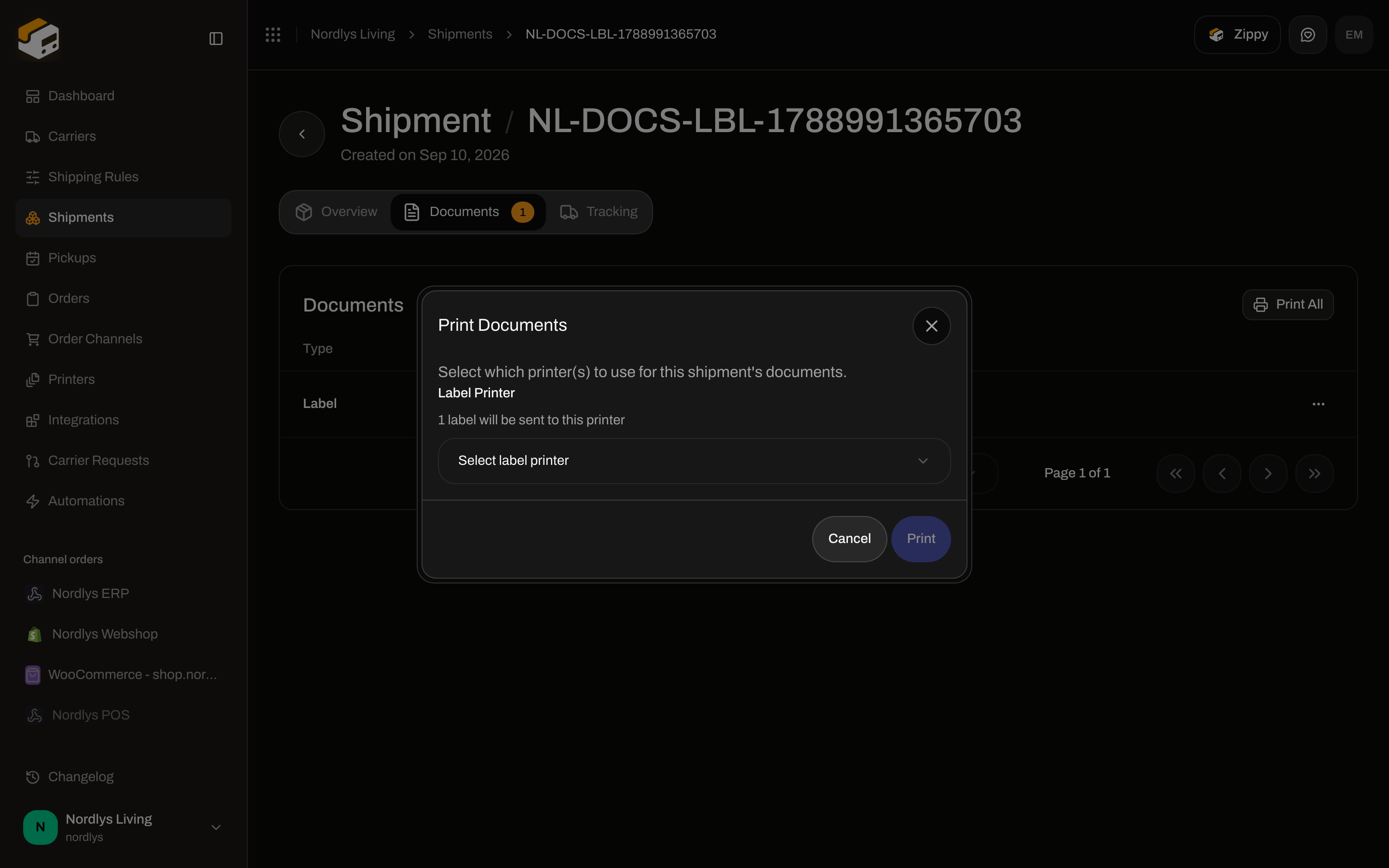 Print Documents modal asking for a Label Printer with a count of labels to send