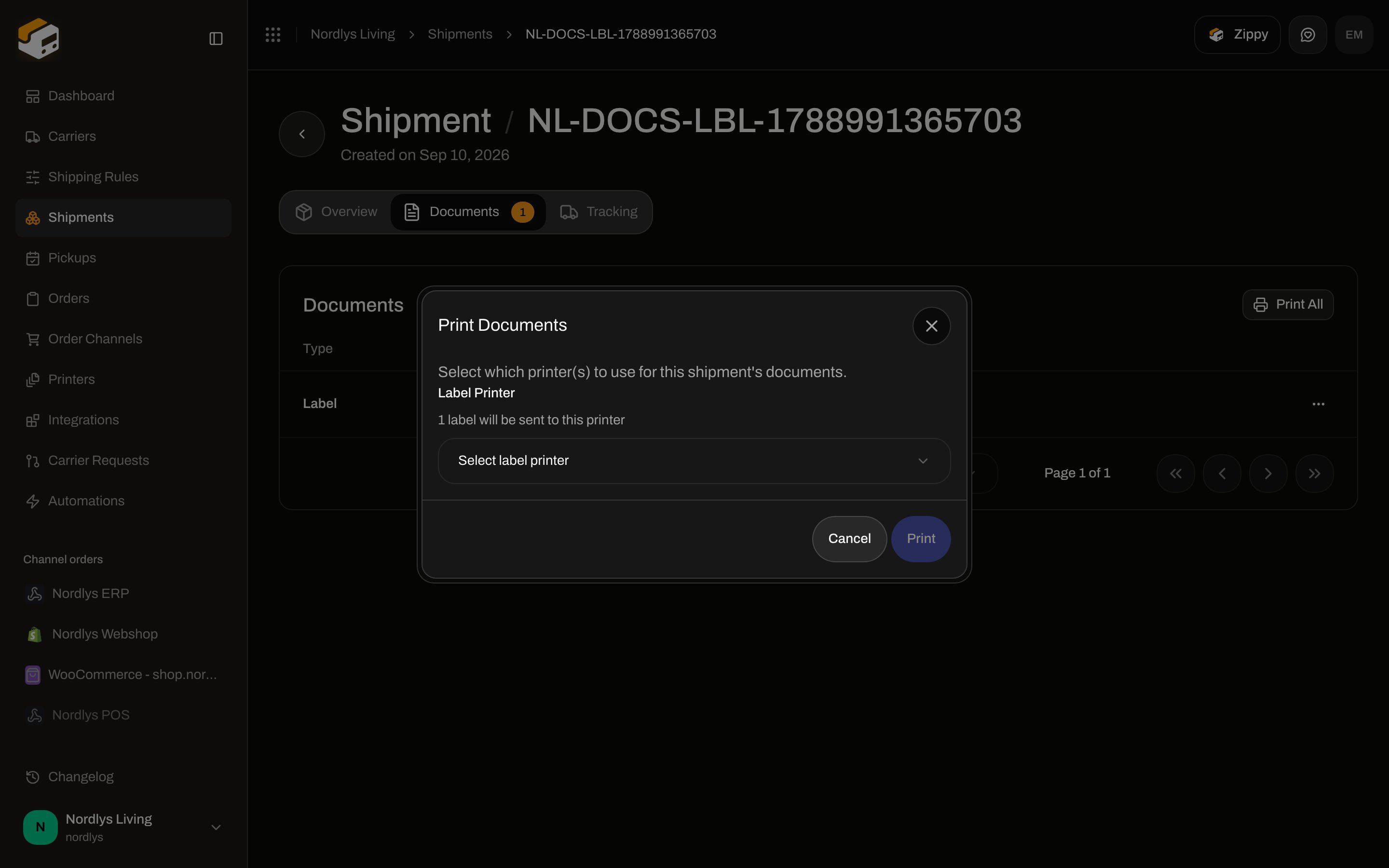 Print Documents modal asking for a Label Printer with a count of labels to send
