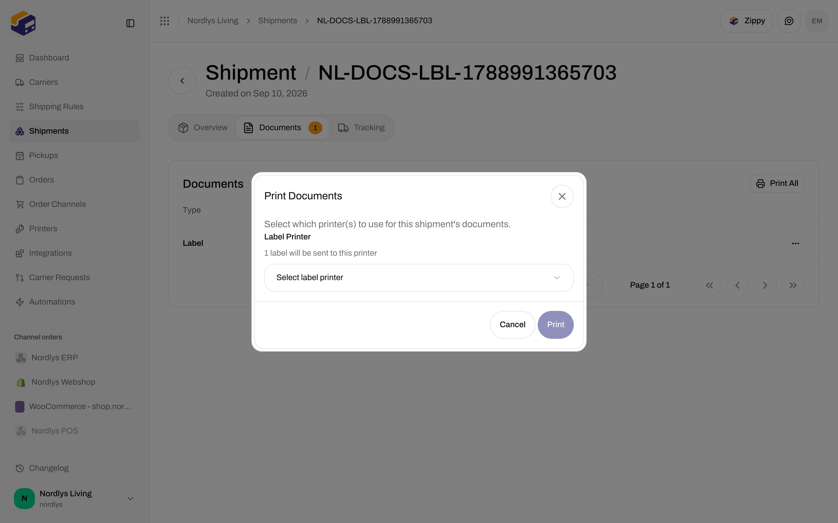 Print Documents modal asking for a Label Printer with a count of labels to send