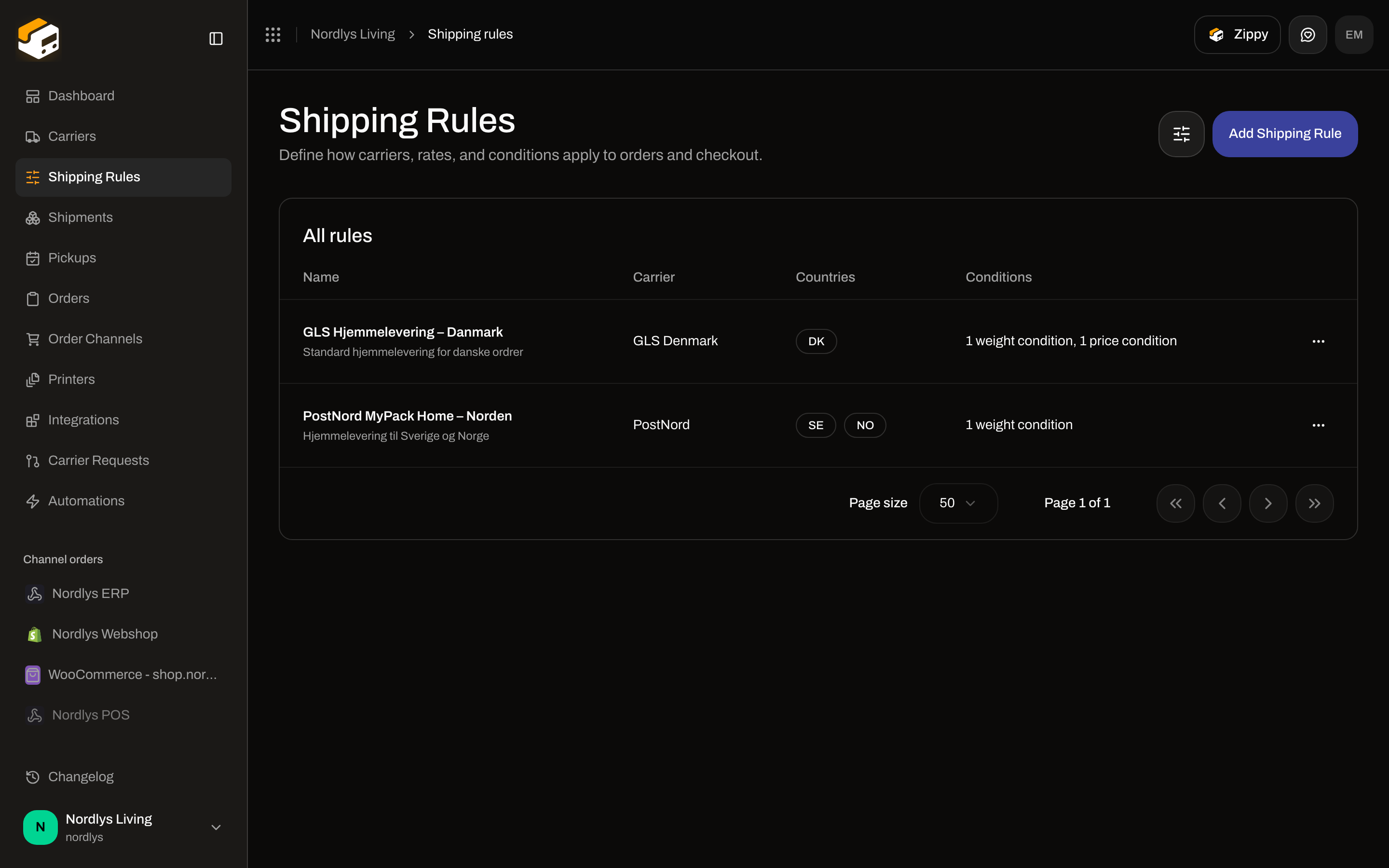 Shipping Rules list with outbound GLS and PostNord rules
