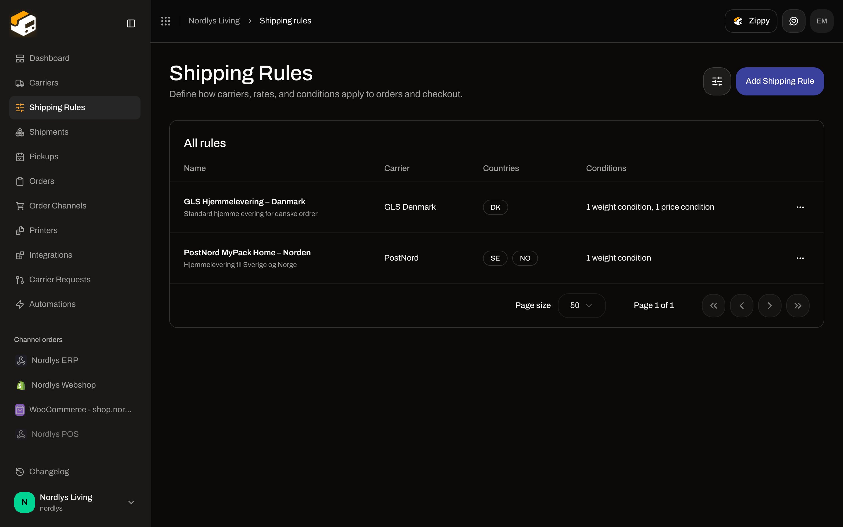 Shipping Rules list with outbound GLS and PostNord rules
