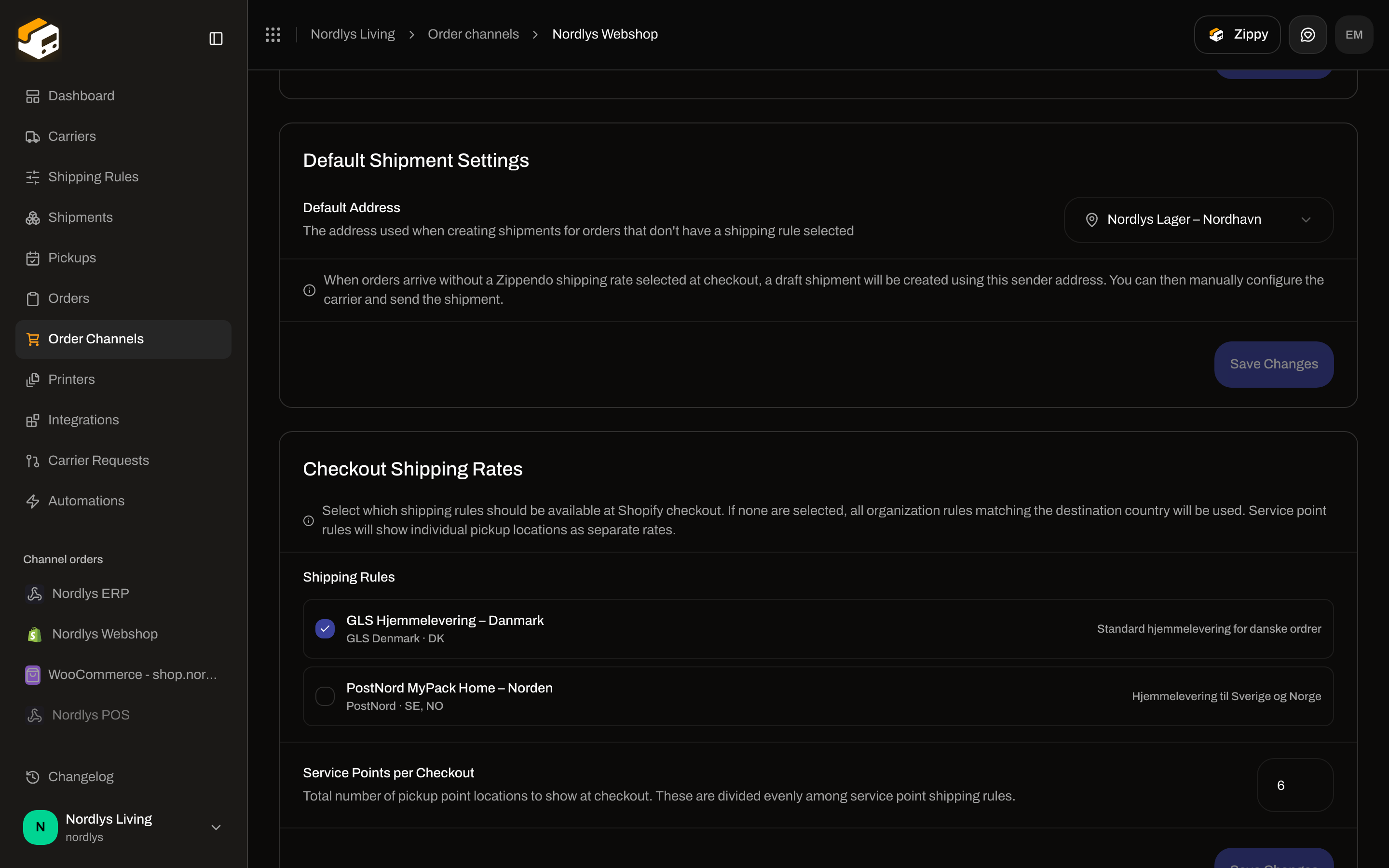 Checkout Shipping Rates with shipping rule checkboxes and Service Points per Checkout set to 6