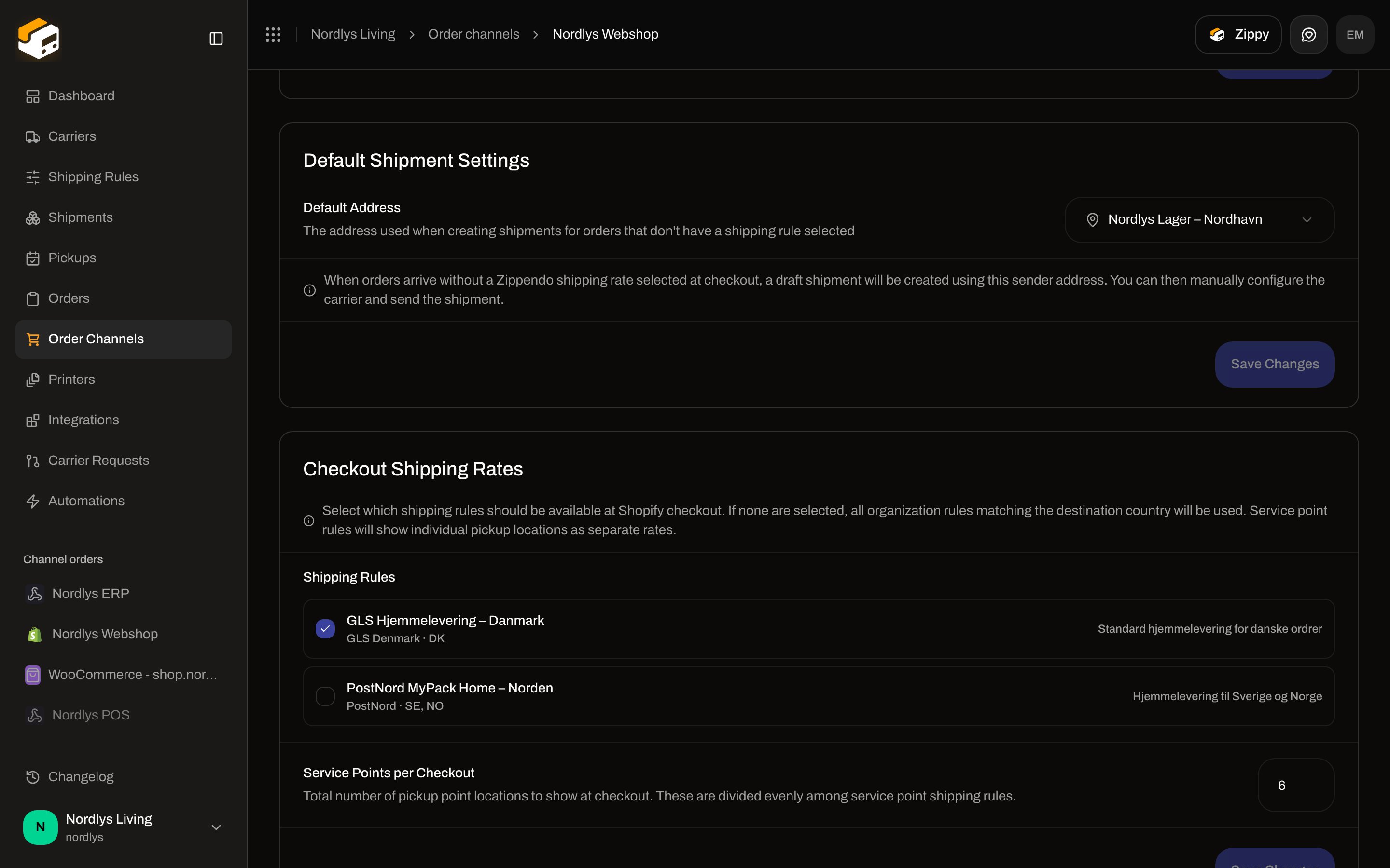 Checkout Shipping Rates with shipping rule checkboxes and Service Points per Checkout set to 6