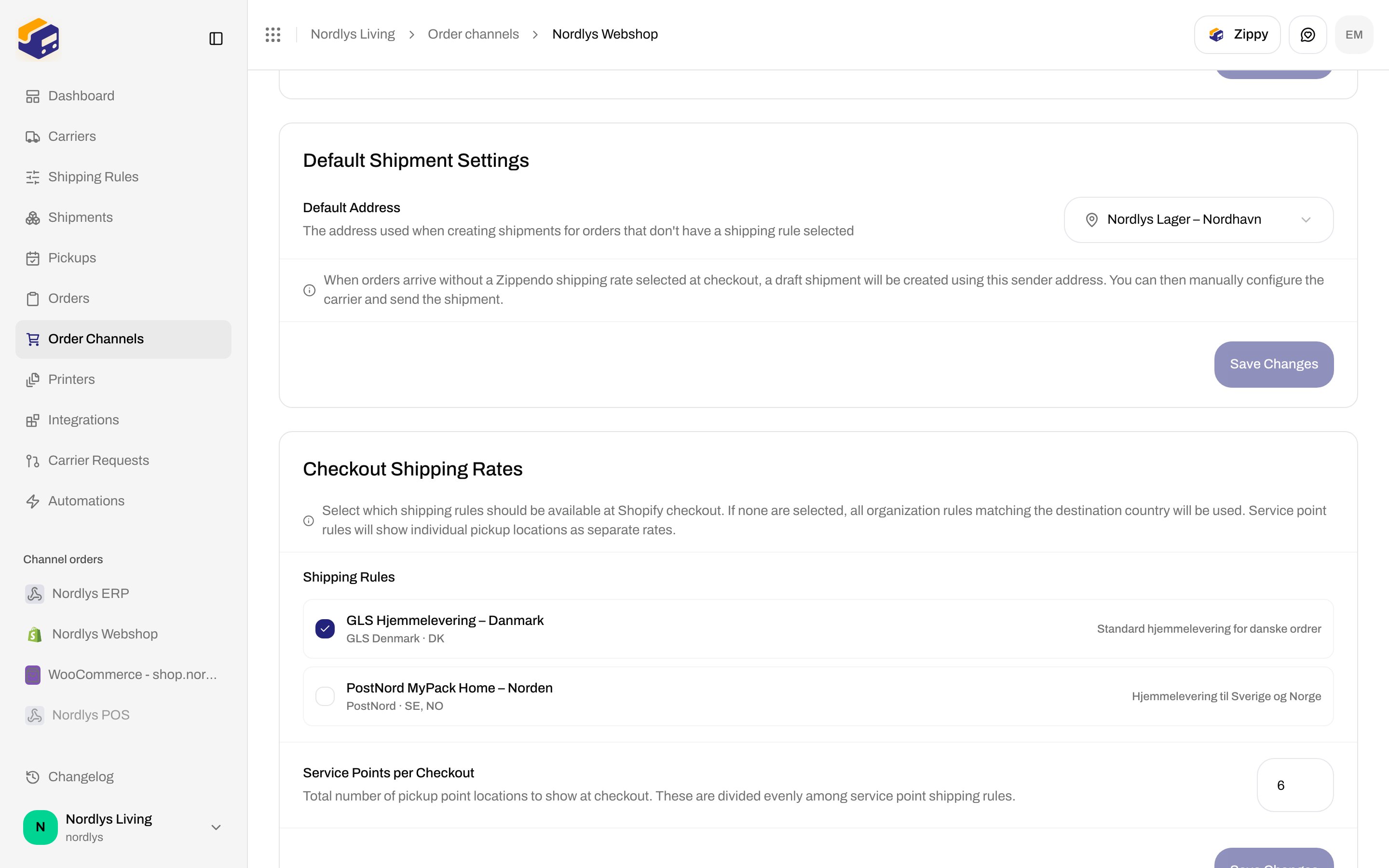 Checkout Shipping Rates with shipping rule checkboxes and Service Points per Checkout set to 6
