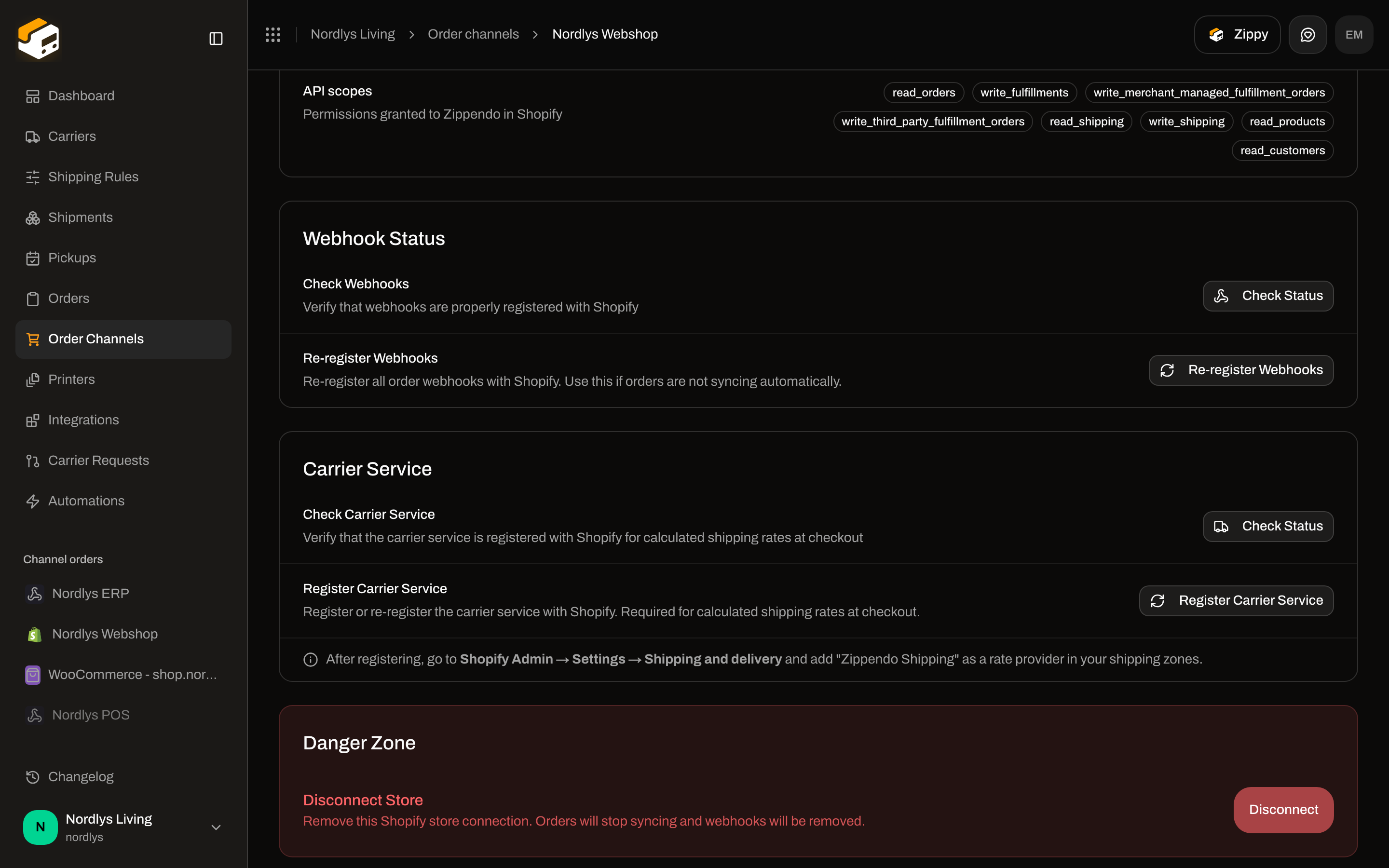 Shopify Connection tab Carrier Service card with Check Status and Register Carrier Service