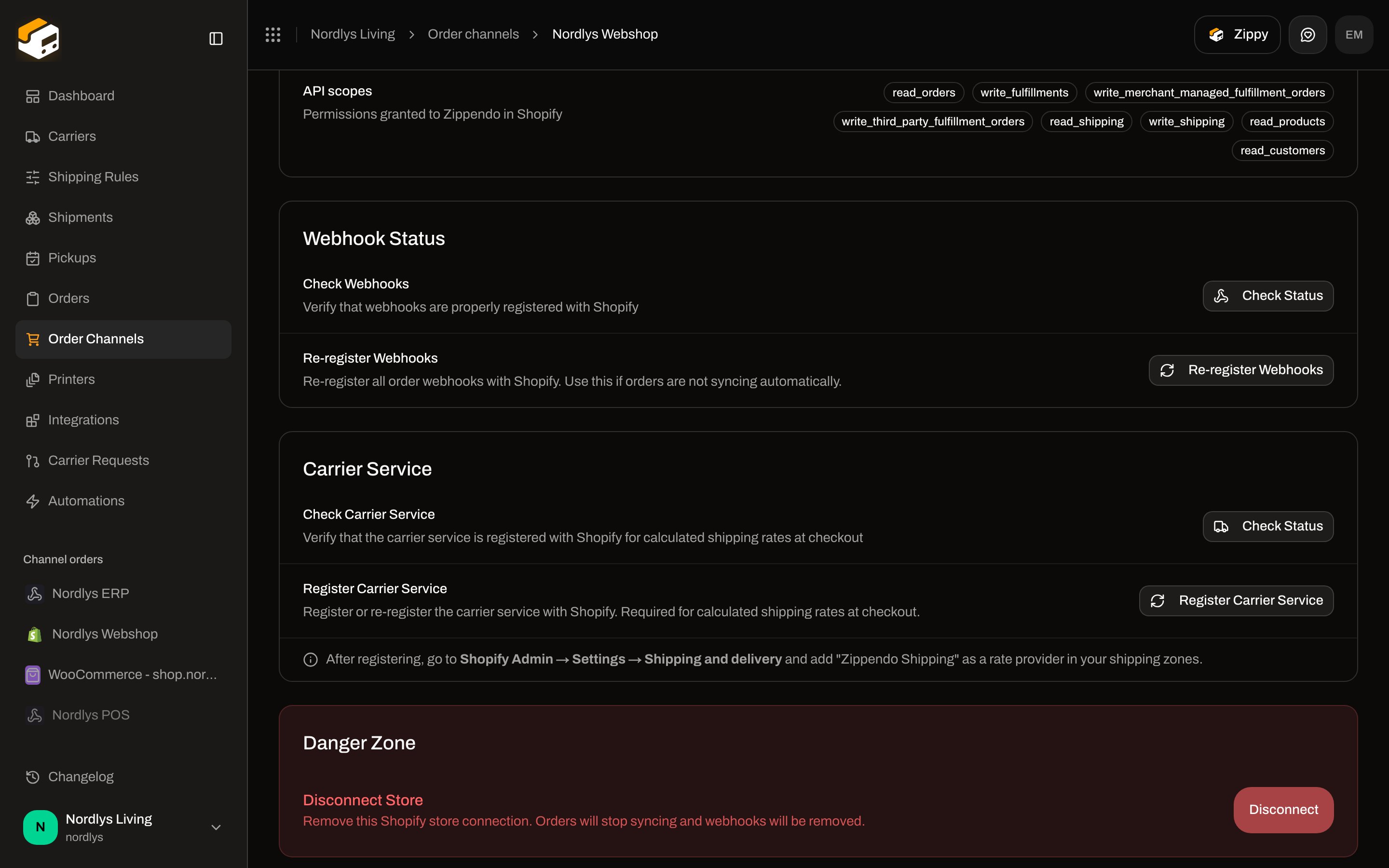Shopify Connection tab Carrier Service card with Check Status and Register Carrier Service