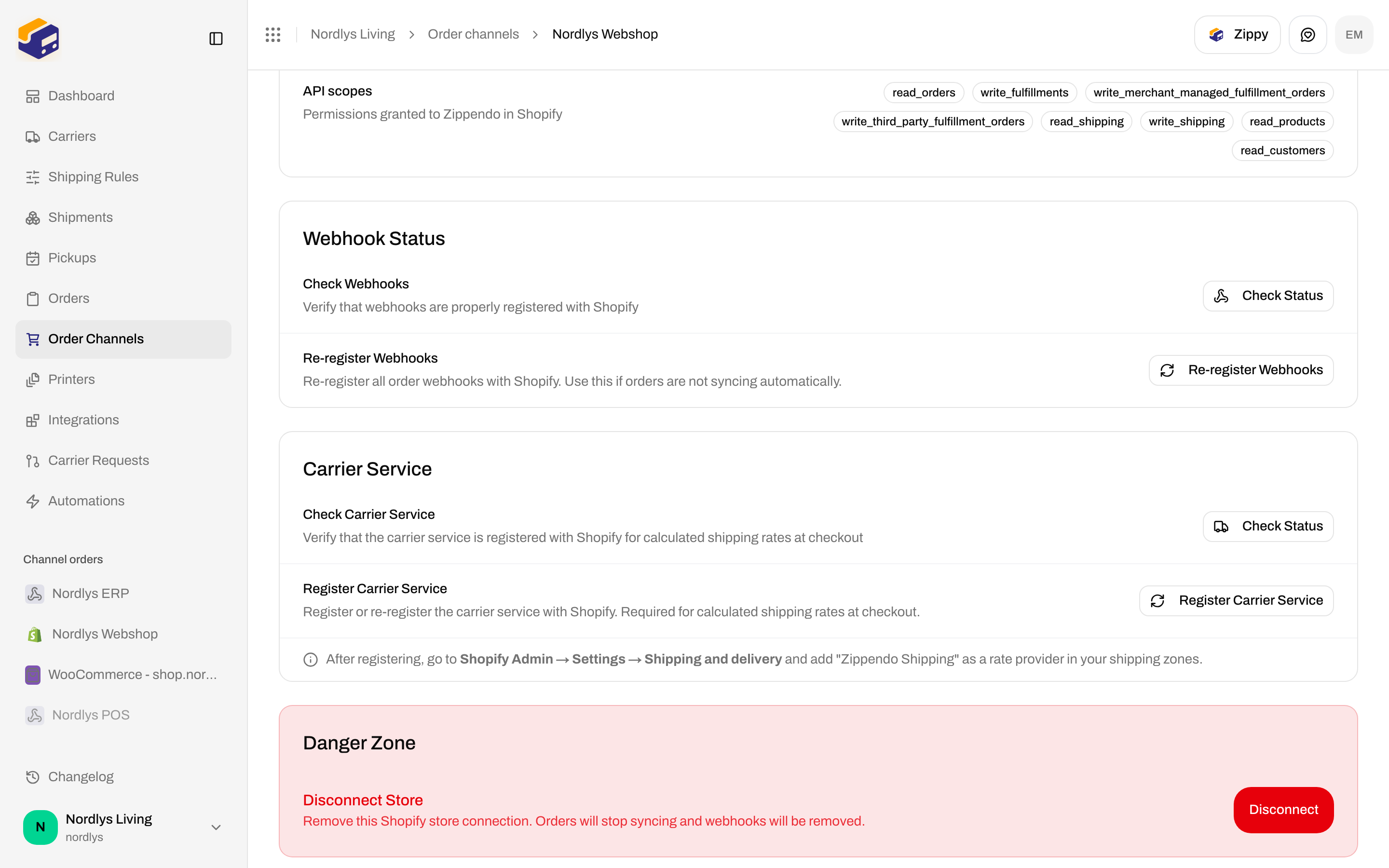 Shopify Connection tab Carrier Service card with Check Status and Register Carrier Service