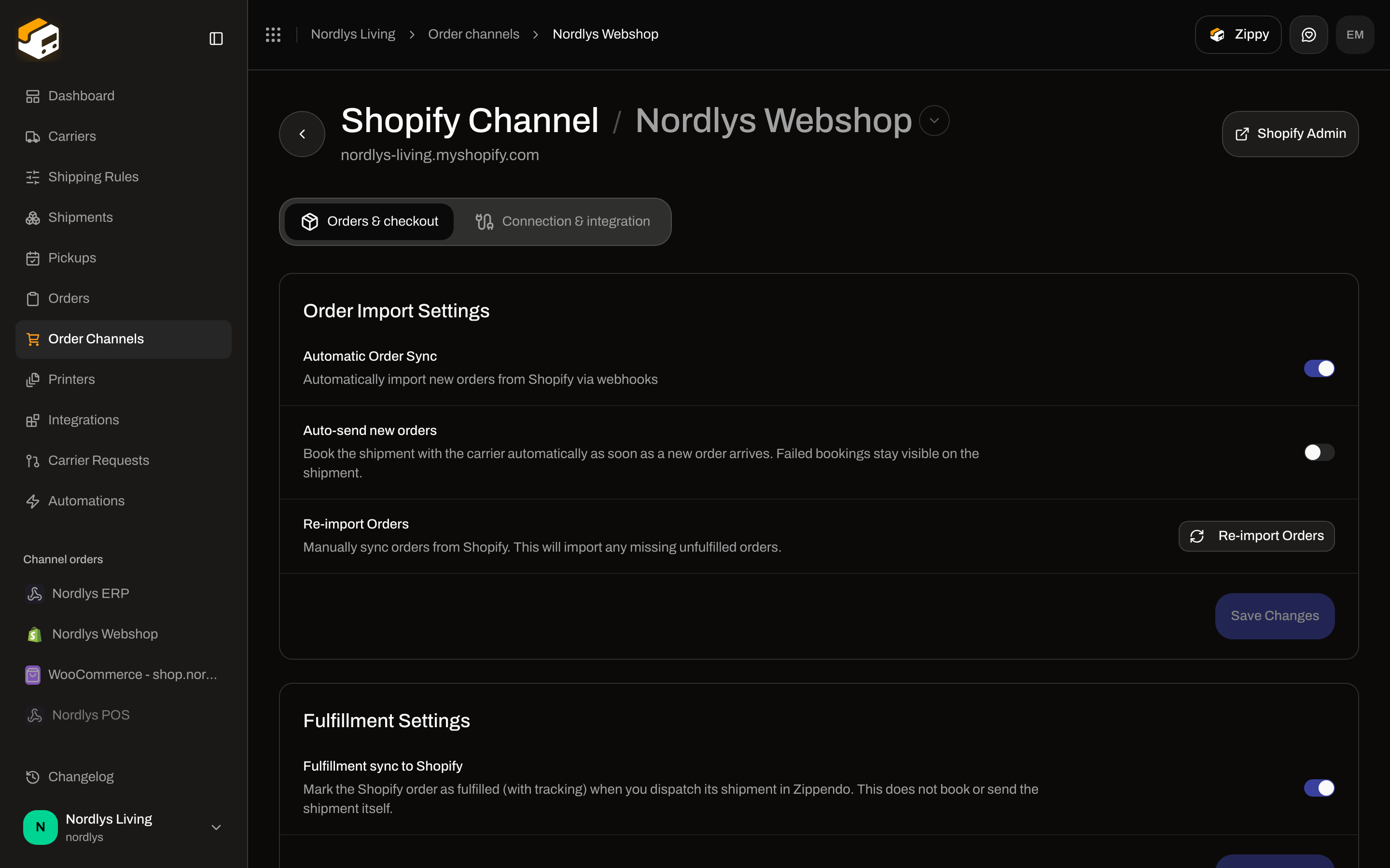 Shopify channel Orders and checkout tab with order import and fulfillment switches