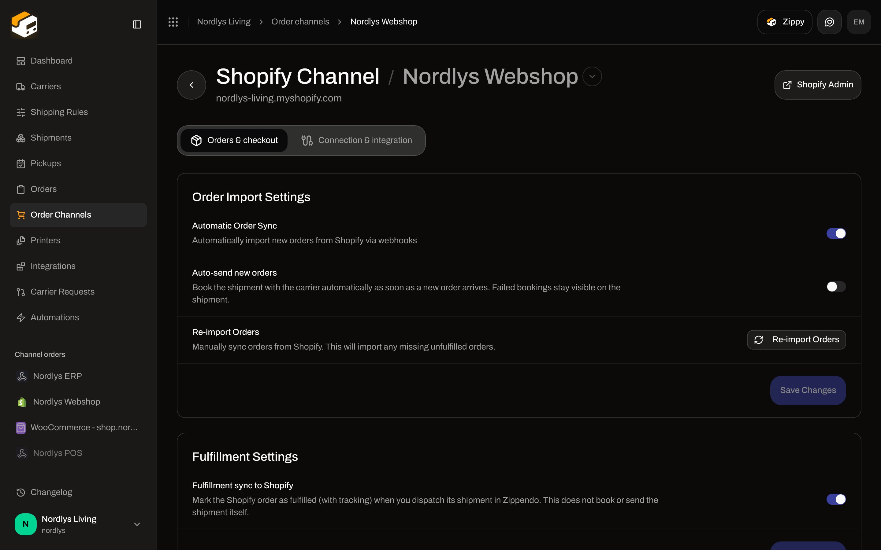 Shopify channel Orders and checkout tab with order import and fulfillment switches
