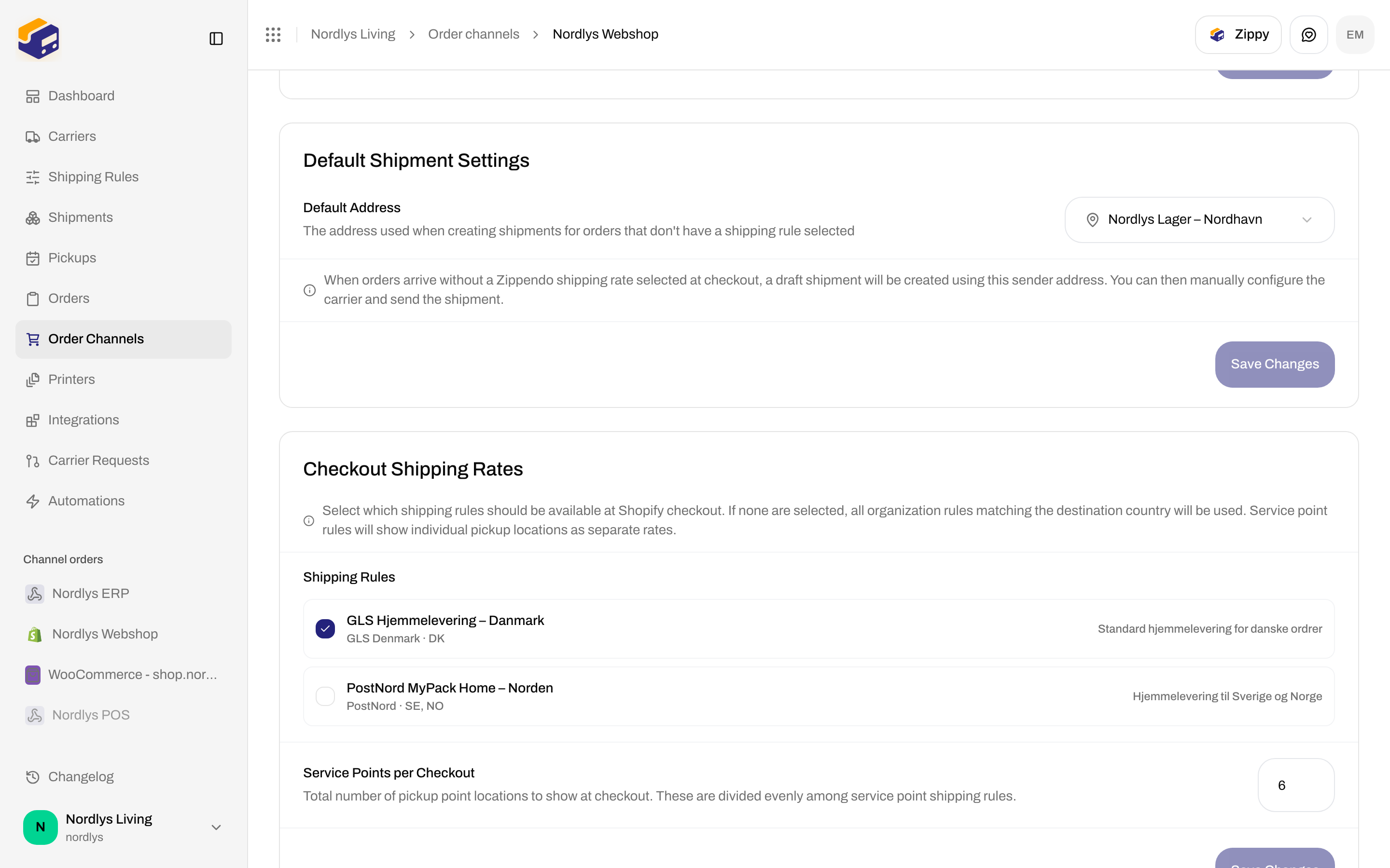 Checkout Shipping Rates with shipping rule checkboxes and Service Points per Checkout